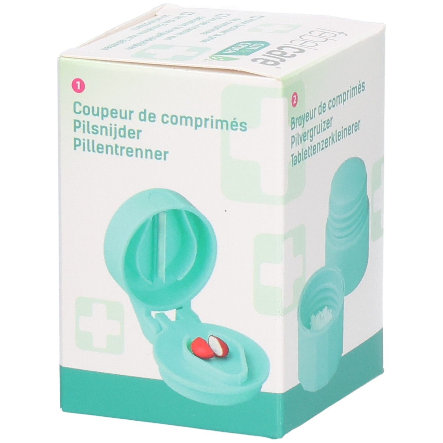 Verpackung von Febelcare Cut & Crush. Tablettenteiler und -zerkleinerer. Türkis. Tablette im Tablettenteiler.