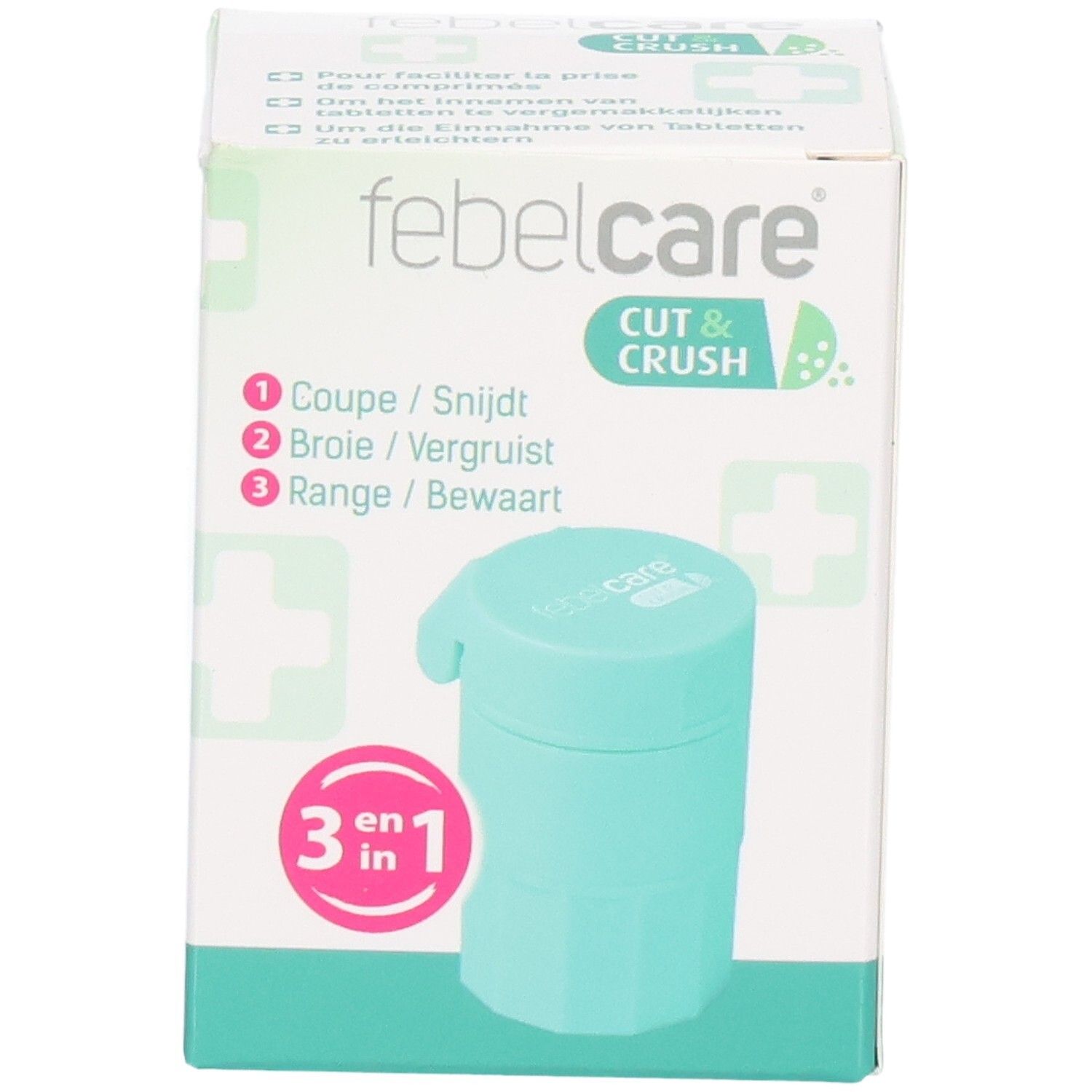 Verpackung von Febelcare Cut & Crush. Türkisfarbener Tablettenteiler und -zerkleinerer. 3-in-1-Funktion.