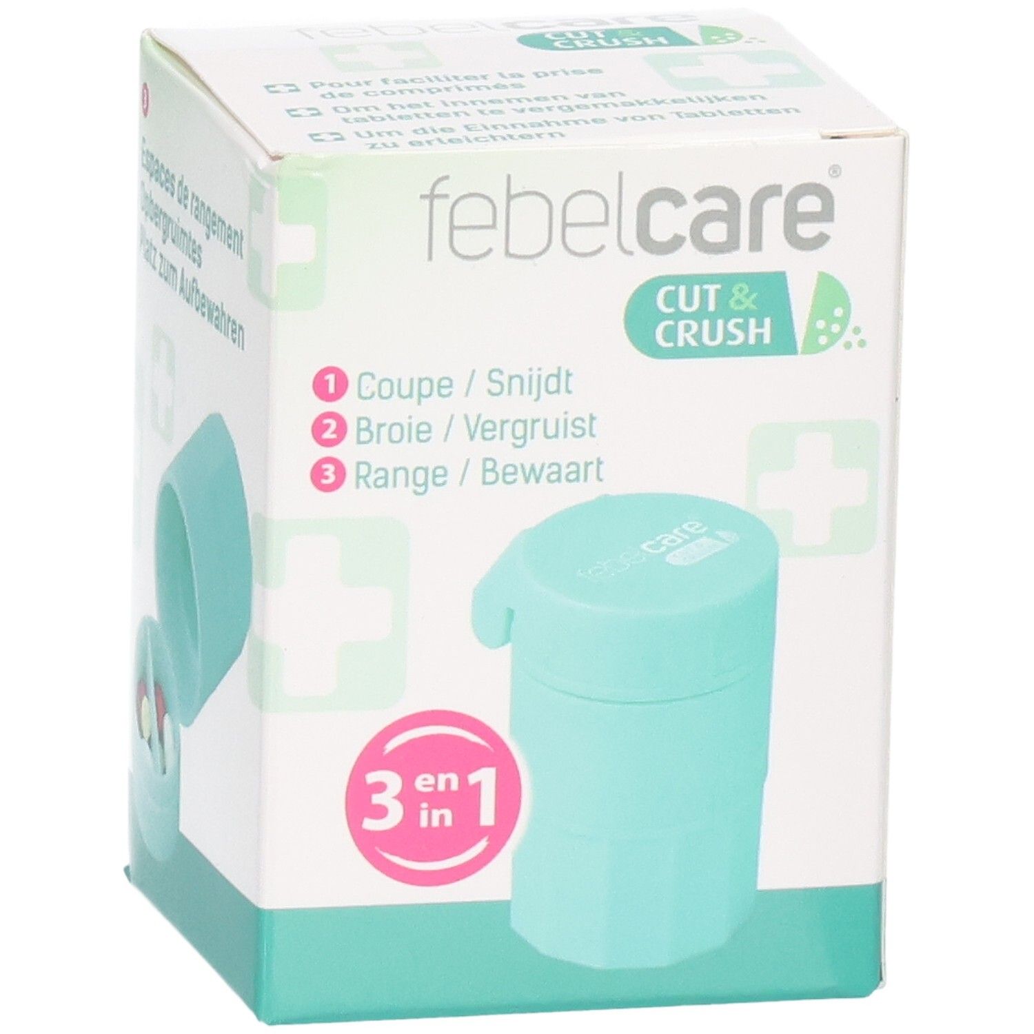 Verpackung von Febelcare Cut & Crush. Tablettenteiler und -zerkleinerer. Türkis. 3-in-1-Funktion.