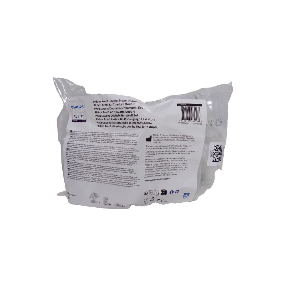 Verpackung des Philips Avent Doppel-Brust-Sets. Transparente Plastiktüte mit Produktinformationen und Barcode.