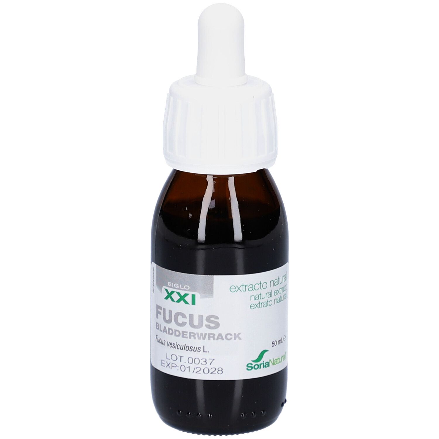Flacon en verre brun avec bouchon blanc et pipette. Étiquette avec texte: Fucus, Bladderwrack, Soria XXI.