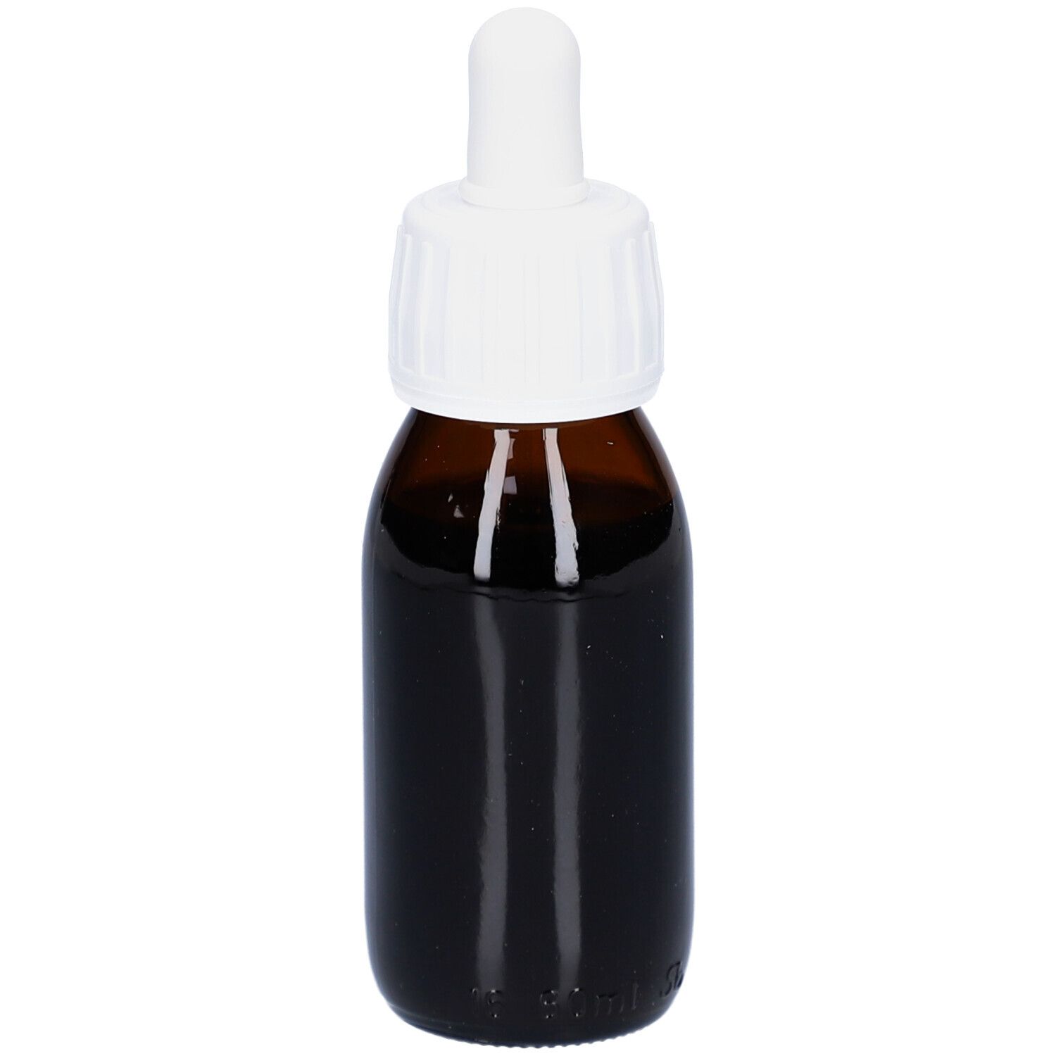Flacon en verre brun avec bouchon blanc et pipette. Contient un liquide foncé.