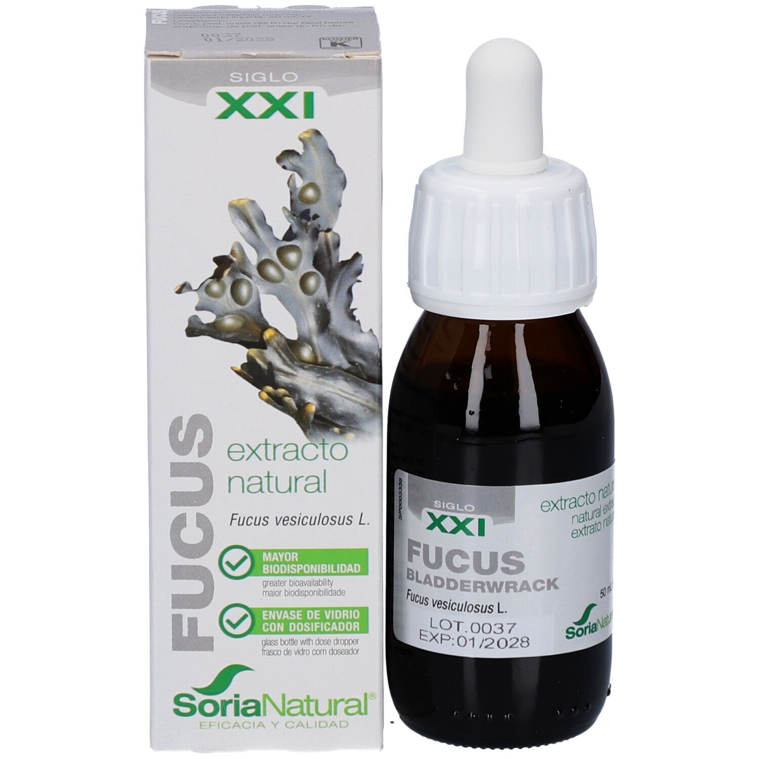 Emballage du produit avec flacon et boîte. Flacon: verre brun, bouchon blanc. Boîte: Fucus, Soria Natural.