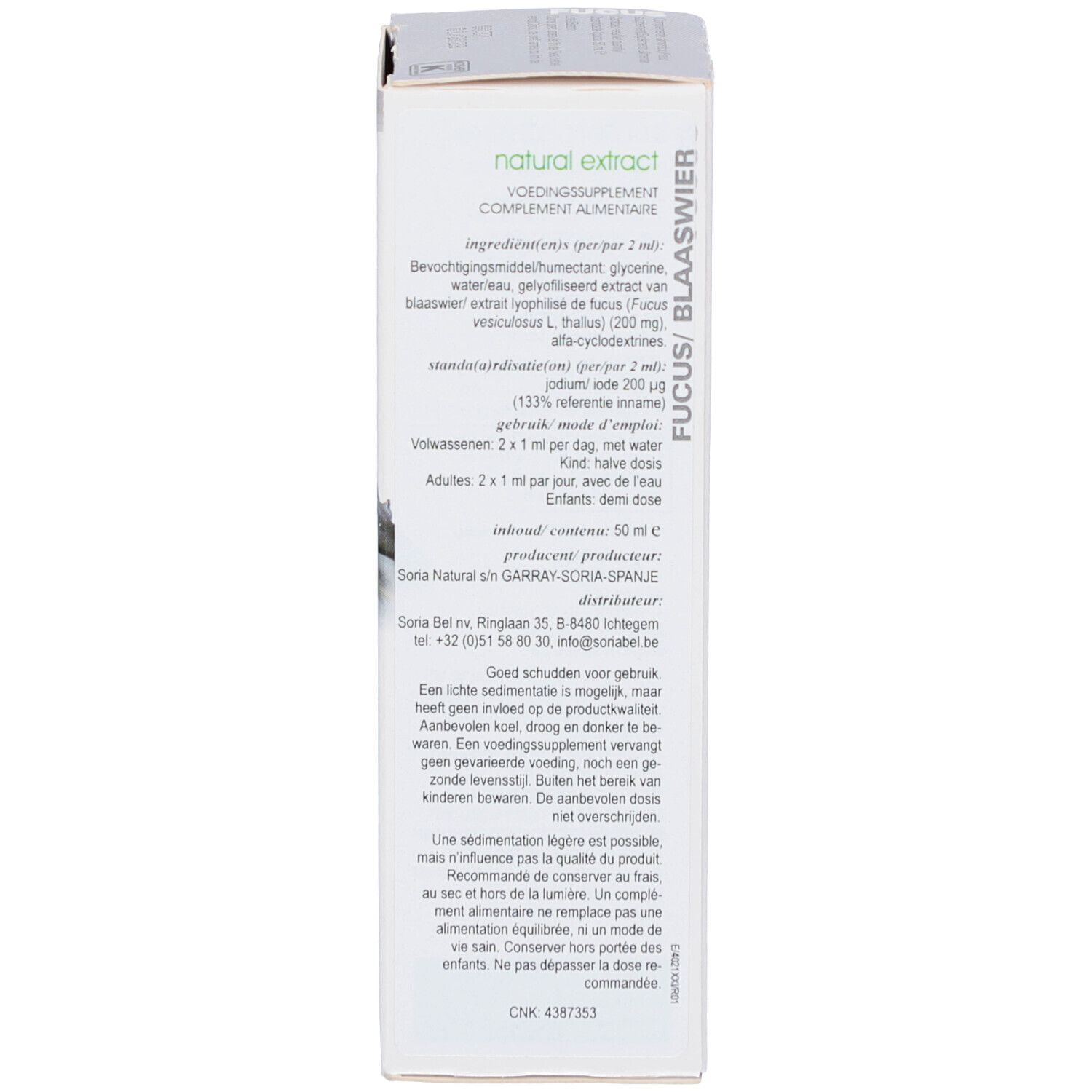 Dos de l'emballage en carton avec texte. Contient des informations sur les ingrédients et l'utilisation.