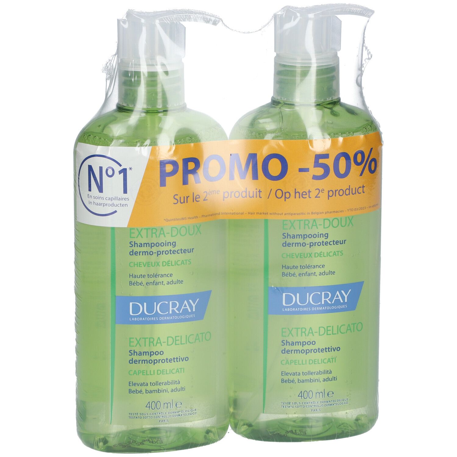 Zwei Ducray Extra-Doux Shampoo-Flaschen (400ml) im Doppelpack mit 50% Rabatt auf das zweite Produkt.