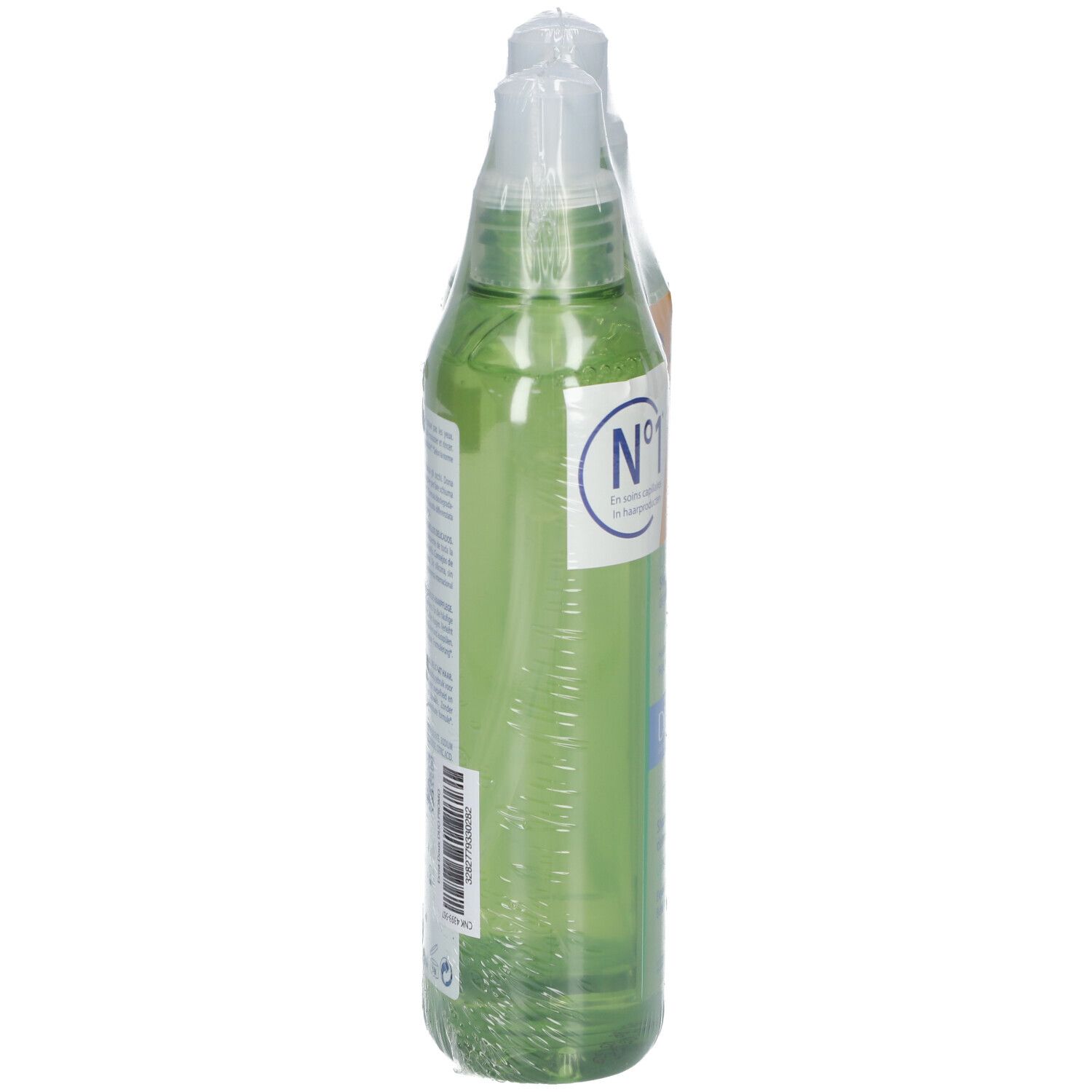 Zwei grüne Plastikflaschen, in Folie verpackt. Eine Flasche zeigt das Etikett 'N°1'.