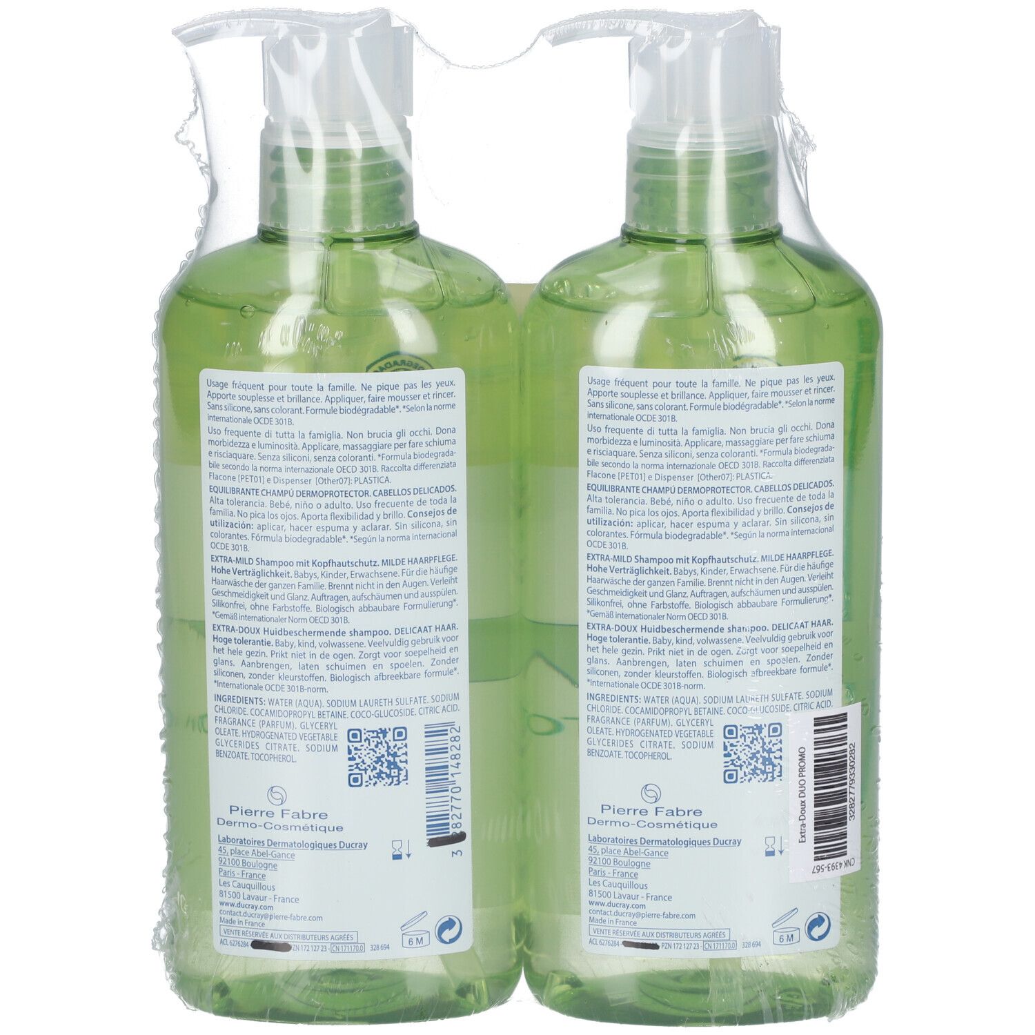 Zwei grüne Shampoo-Flaschen mit Pumpverschluss, verpackt in Folie. Pierre Fabre Dermo-Cosmétique.