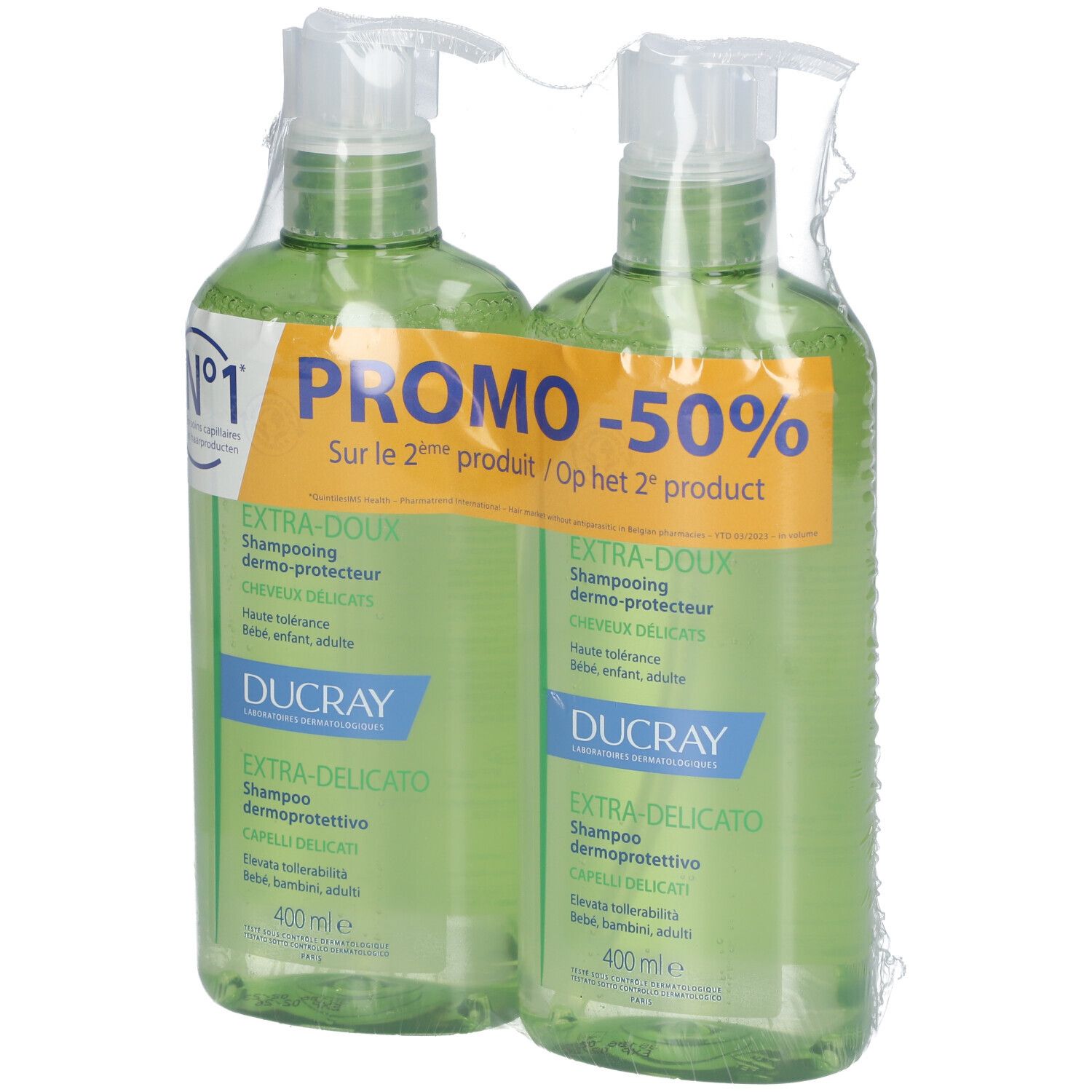 Zwei grüne Ducray Shampoo-Flaschen mit Pumpverschluss, 400ml. Promo-Aufkleber auf der Verpackung.