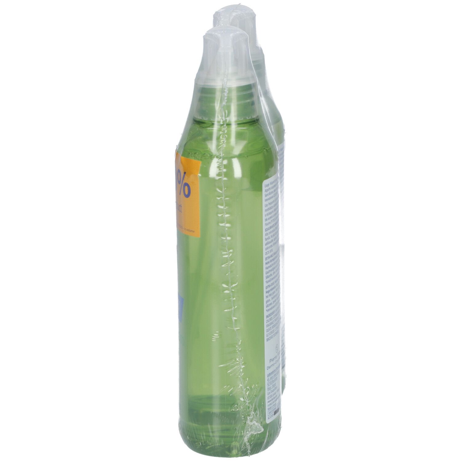 Zwei Flaschen Ducray Extra-Doux Shampoo, je 400 ml, im Doppelpack mit 50% Rabatt auf das zweite Produkt.