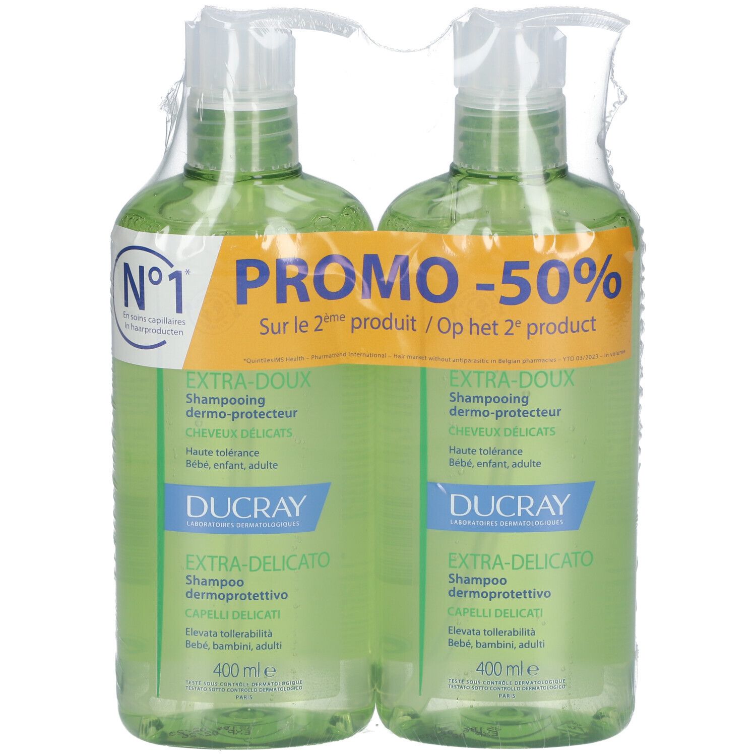 Zwei Flaschen Ducray Extra-Doux Shampoo, je 400 ml, im Doppelpack mit 50% Rabatt auf das zweite Produkt.