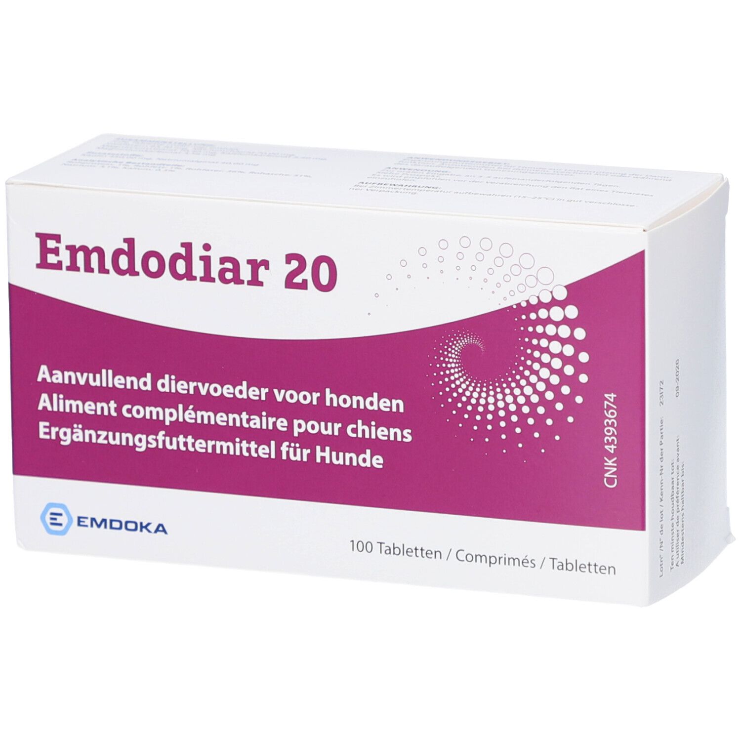 Weiße rechteckige Verpackung mit lila Akzent. Aufschrift: Emdodiar 20. Ergänzungsfuttermittel für Hunde. 100 Tabletten.