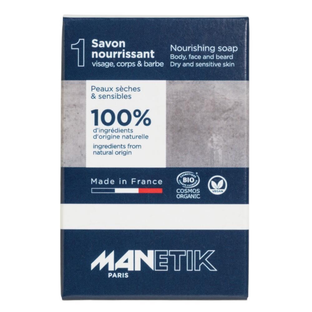 Boîte de savon MANETIK. Texte : Savon nourrissant, Peaux sèches & sensibles, 100% d'ingrédients naturels. Logos bio et vegan.