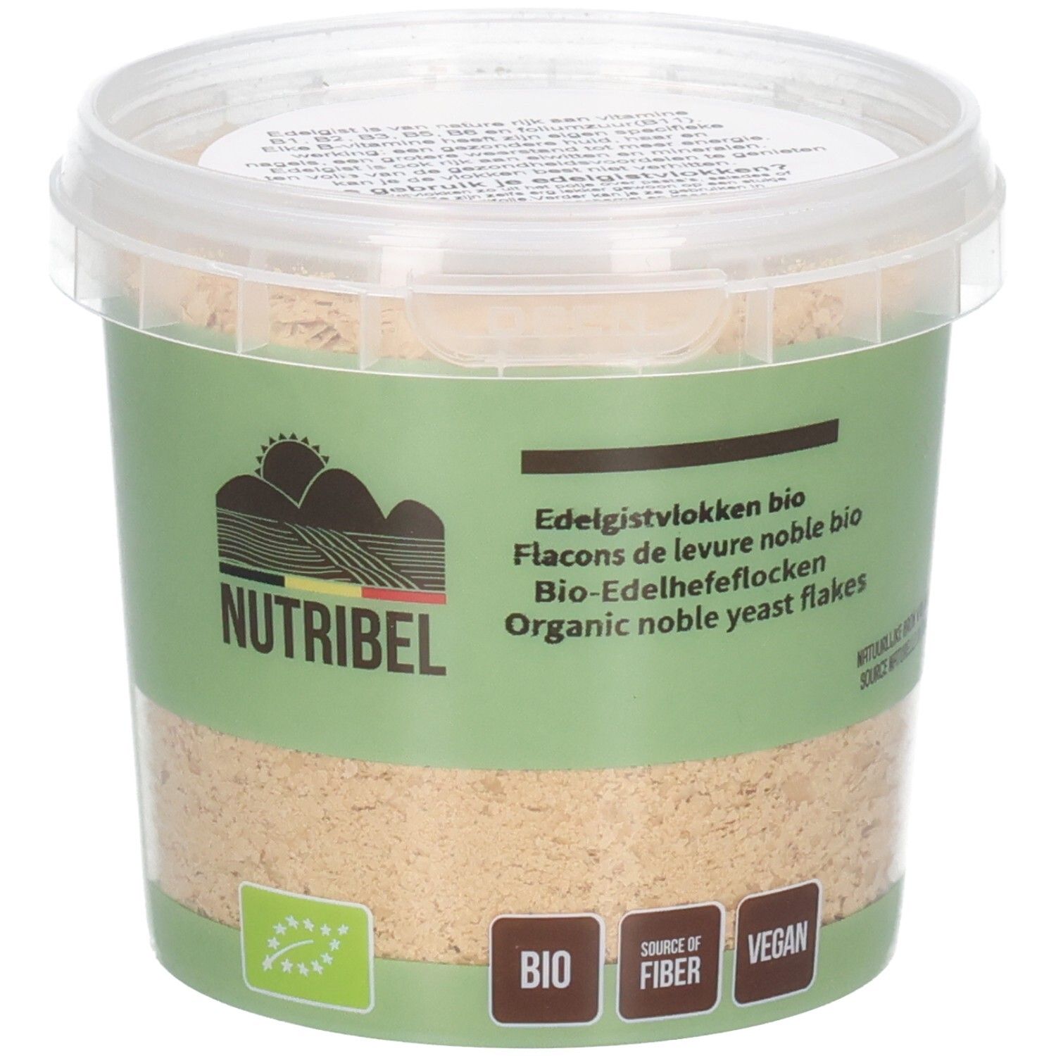 Behälter mit Nutribel Edelgistvlokken Bio. Grün-weißes Etikett mit Produktbezeichnung, Logo und Bio-Siegel. Vegan.