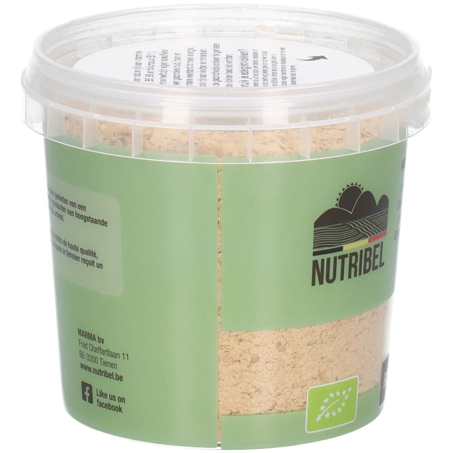 Rückseite des Behälters mit Nutribel Edelgistvlokken Bio. Grünes Etikett mit Text und Bio-Siegel. Vegan.