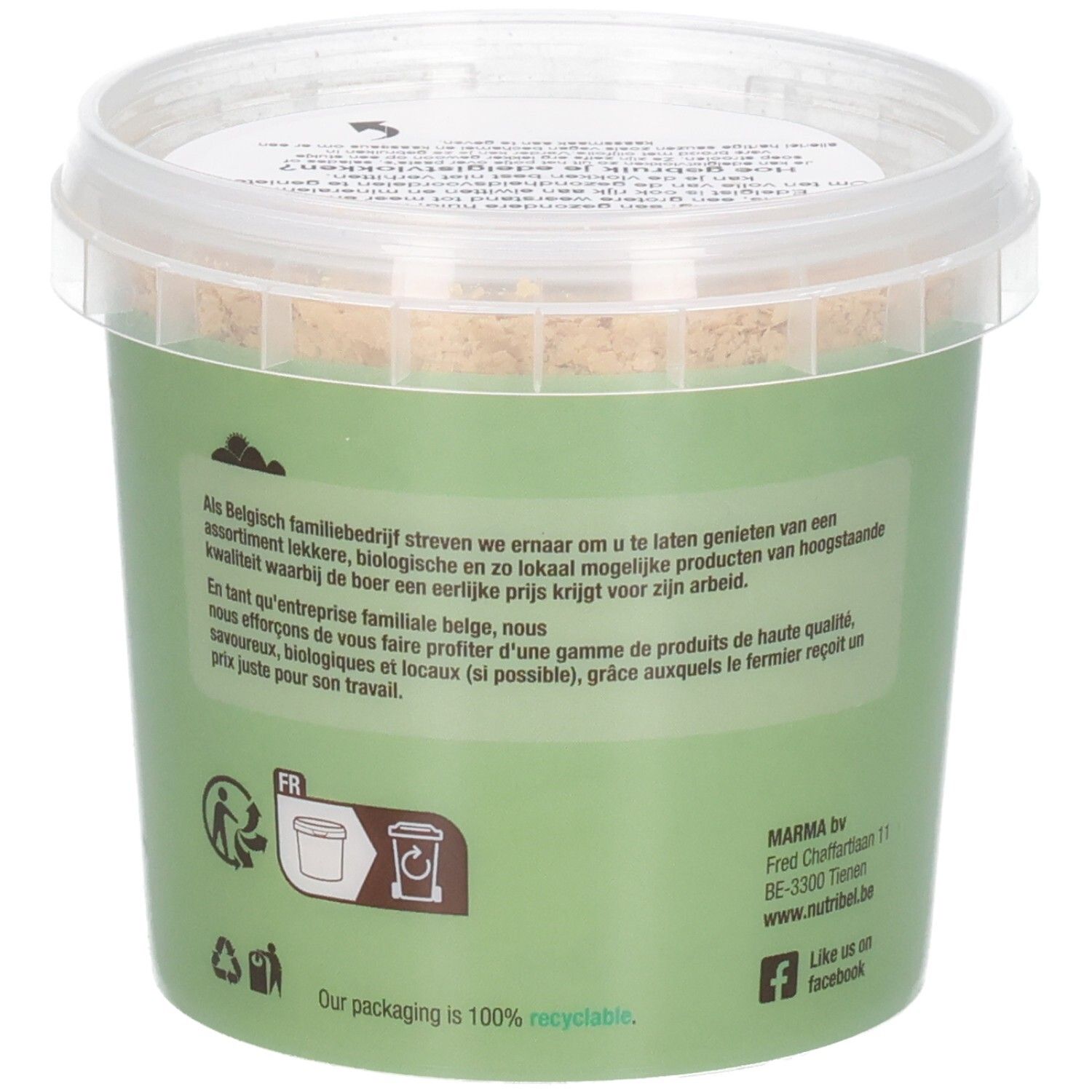 Rückseite des Behälters mit Text. Grünes Etikett mit Text und Recycling-Symbolen. Vegan.