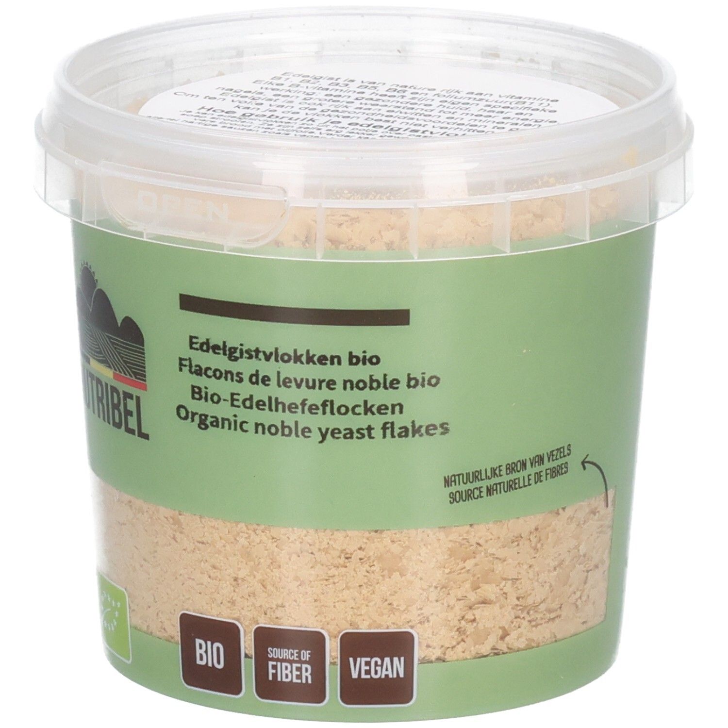 Behälter mit Nutribel Edelgistvlokken Bio. Grünes Etikett mit Produktbezeichnung, Logo und Bio-Siegel. Vegan.