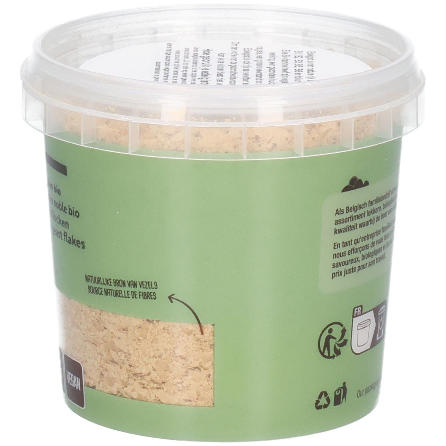 Rückseite des Behälters mit Text. Grünes Etikett mit Text und Recycling-Symbolen. Vegan.