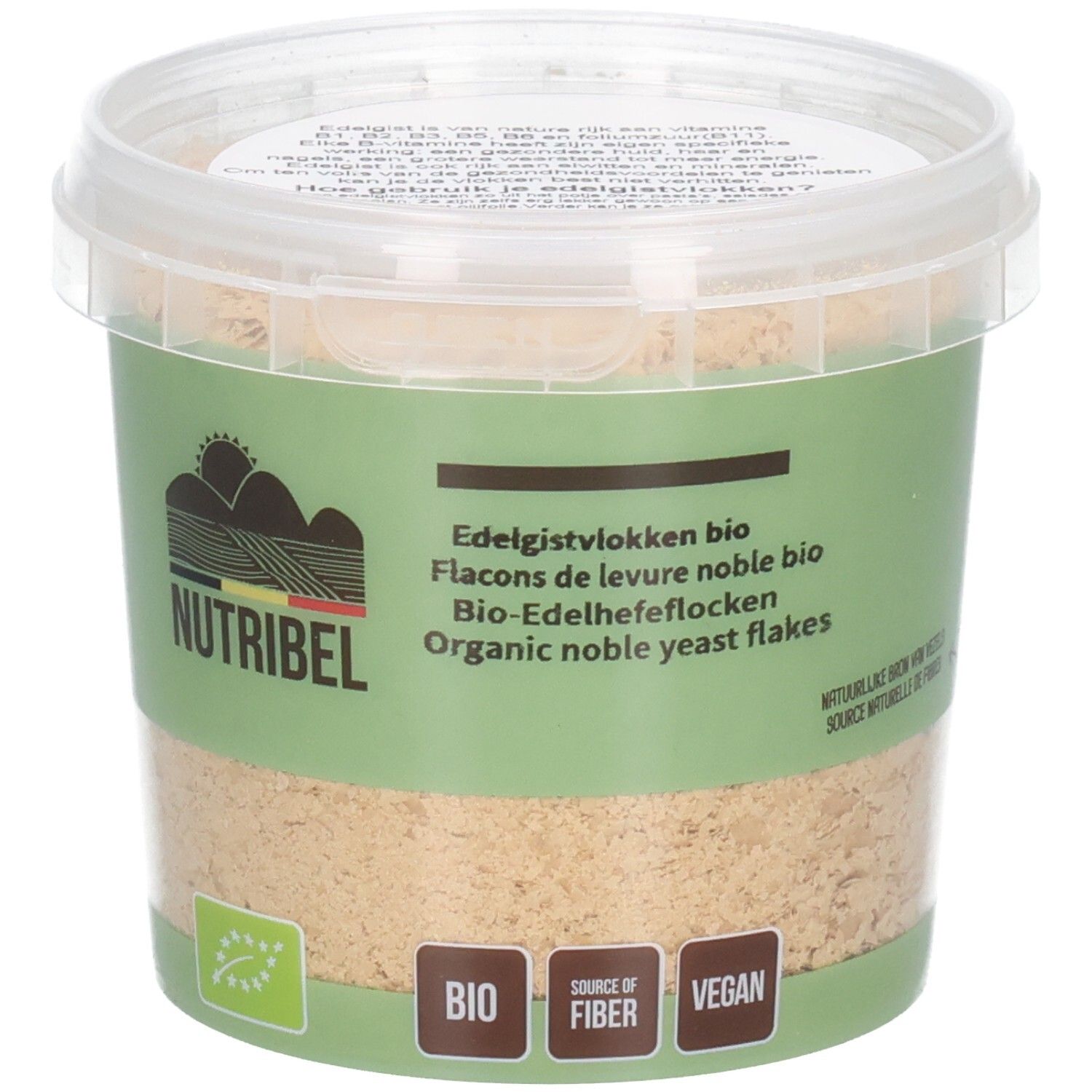 Behälter mit Nutribel Edelgistvlokken Bio. Grünes Etikett mit Produktbezeichnung, Logo und Bio-Siegel. Vegan.