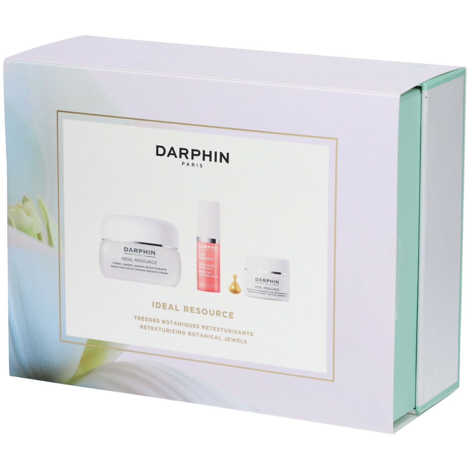 Geschenkset mit drei Kosmetikprodukten. Weißer Karton mit Produktabbildungen und Schriftzug DARPHIN.