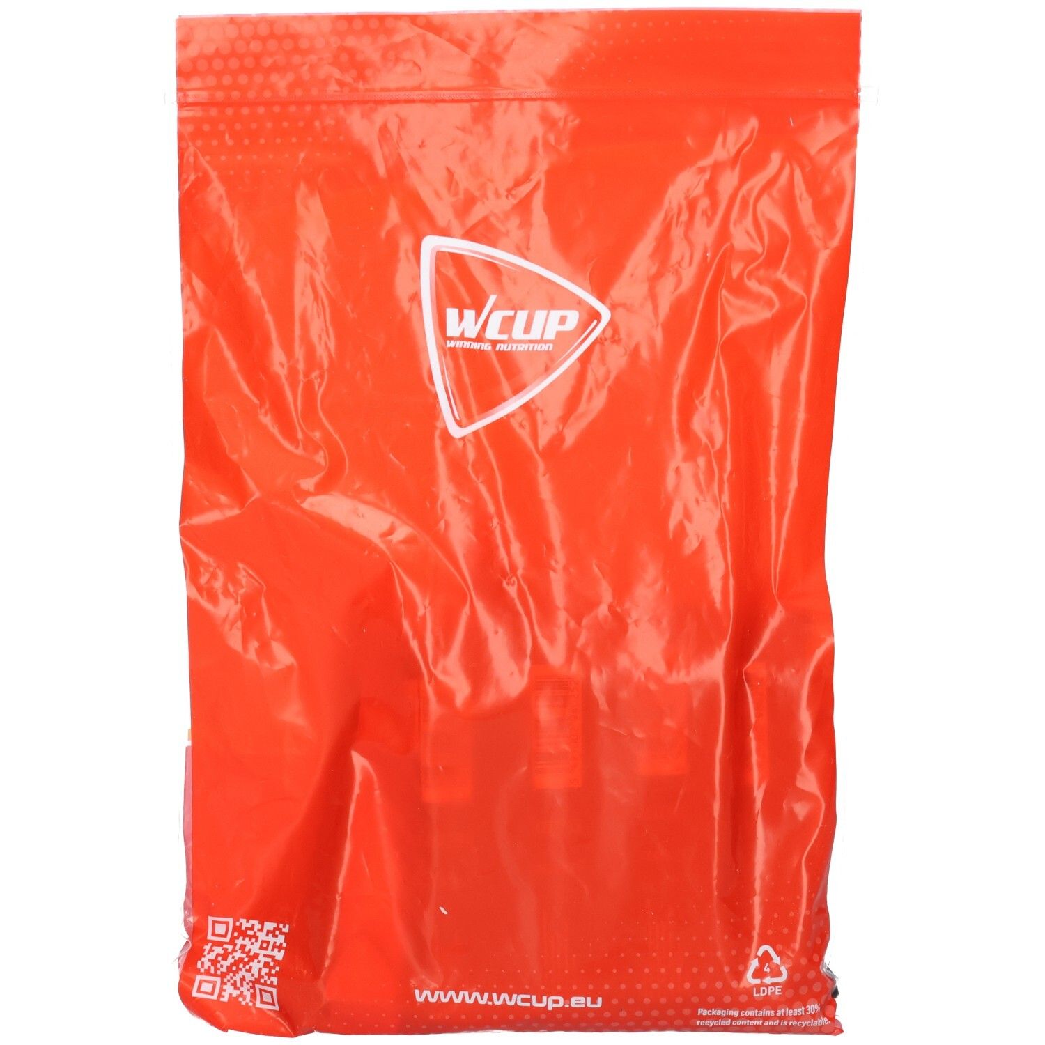 Orangefarbene Verpackung mit Wcup-Logo. QR-Code und Website-Adresse unten. Recycling-Symbol.