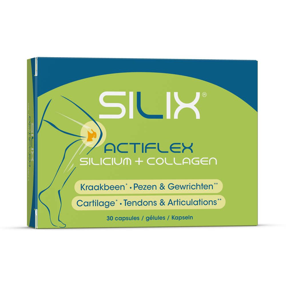 Boîte "Silix ActiFlex". Design vert et blanc, nom du produit et logos. Label "Nieuw Nouveau".