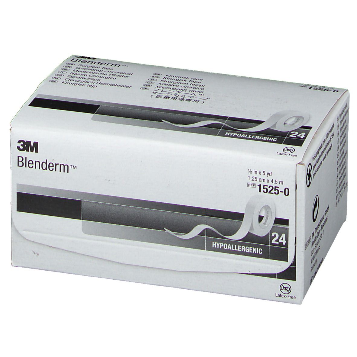 Karton mit Klebebandrolle. Aufschrift: Blenderm, 3M, Hypoallergen. Größe: 1,25 cm x 4,5 m. 24 Rollen.