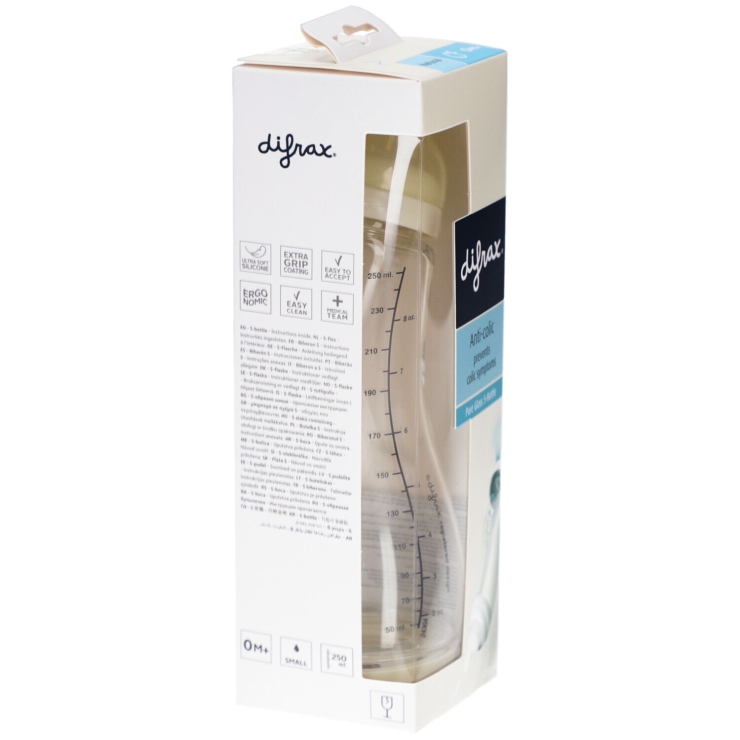 Babyflasche in Verpackung. Marke Difrax, Anti-Kolik-Funktion. Flasche aus Glas, mit Messskala. Weiße Verpackung mit Produktinformationen.