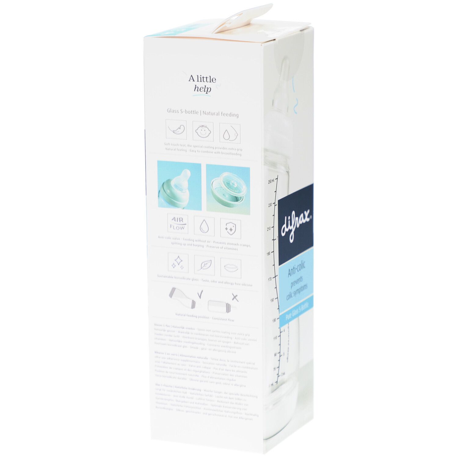 Verpackung mit Babyflasche. Marke Difrax, Anti-Kolik-Funktion. Flasche aus Glas, mit Messskala. Weiße Verpackung mit Produktinformationen.