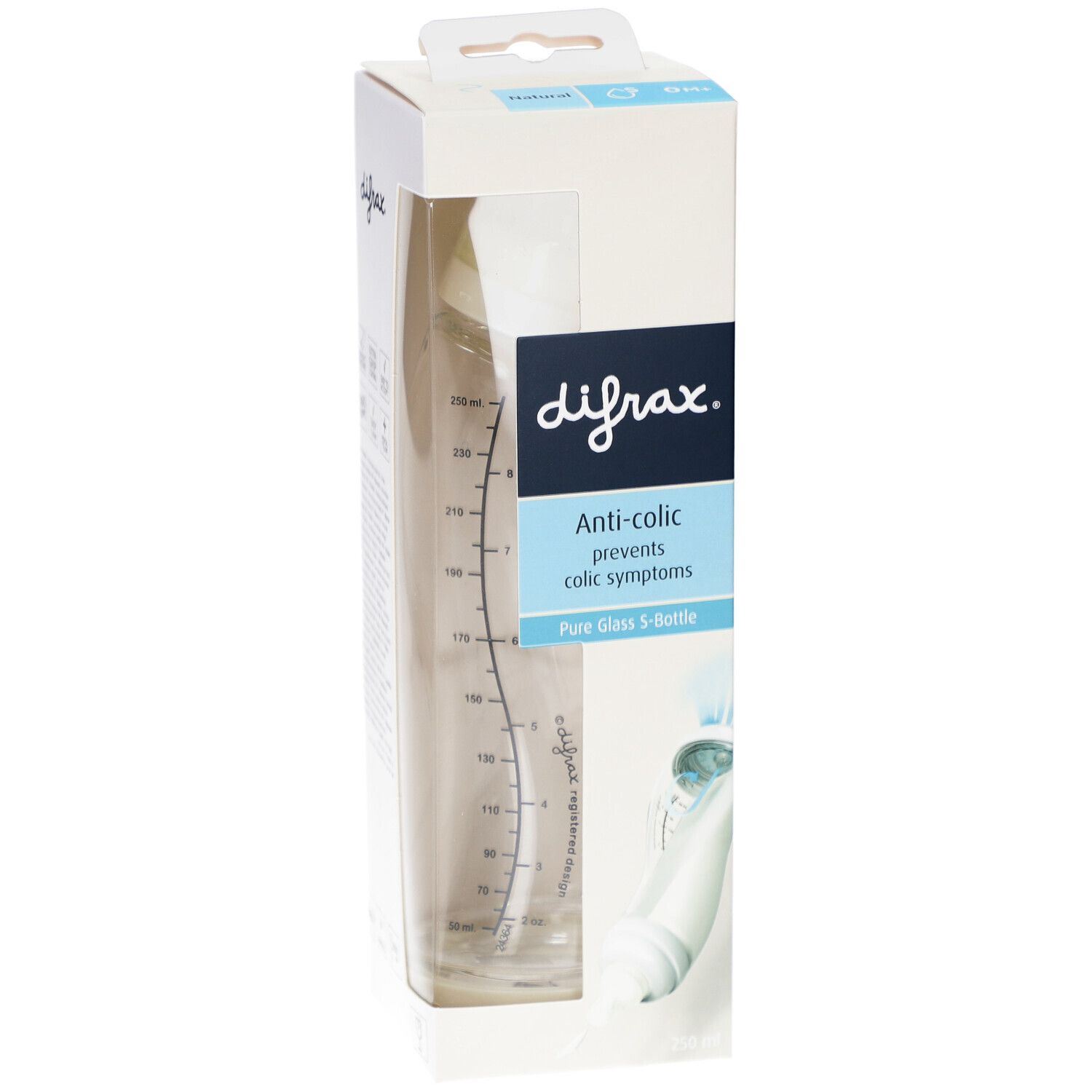 Babyflasche in Verpackung. Marke Difrax, Anti-Kolik-Funktion. Flasche aus Glas, mit Messskala. Weiße Verpackung mit Produktinformationen.