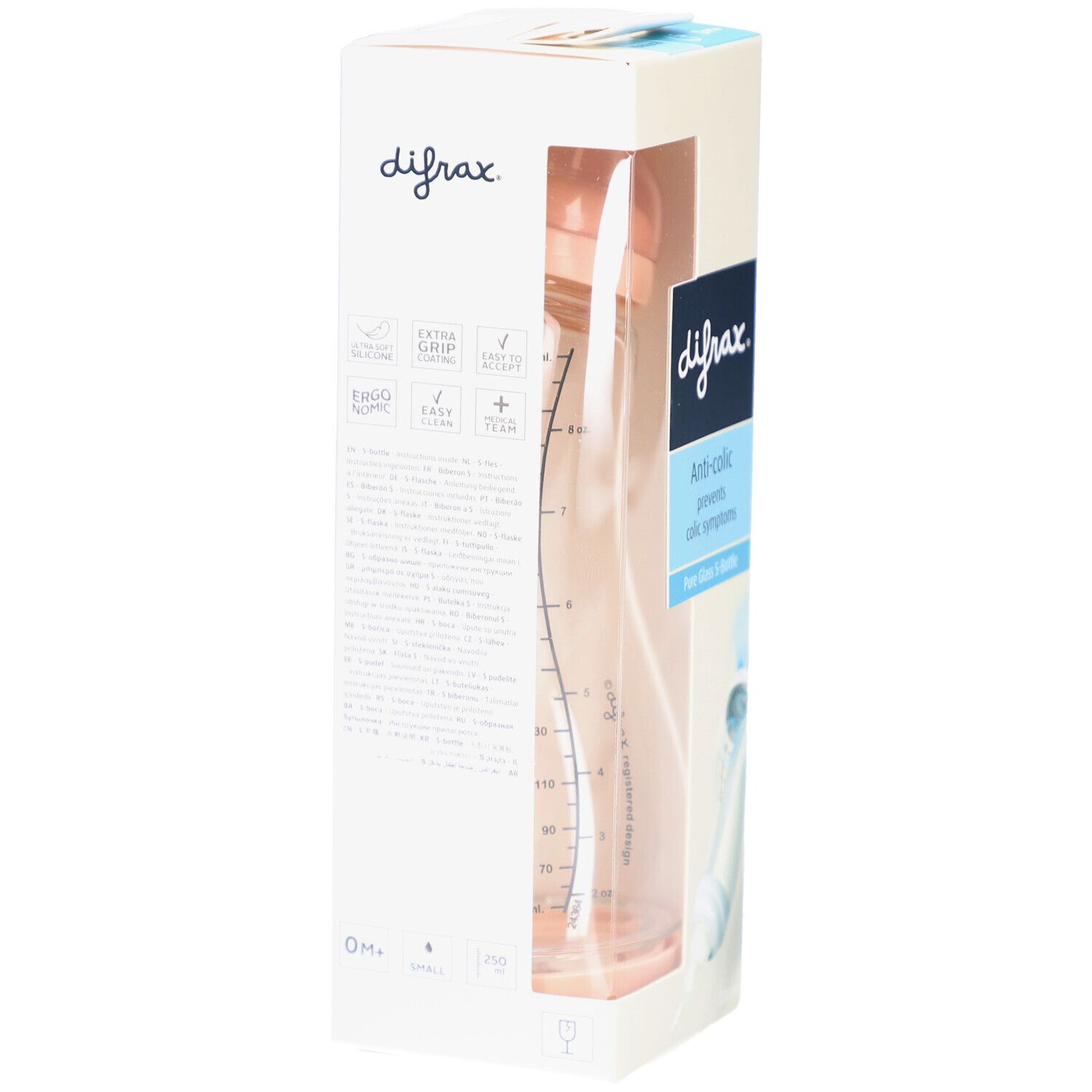 Verpackung mit Babyflasche. Marke: difrax. Text: Anti-colic, Pure Glass S-Bottle. Flasche aus Glas, rosa. Skala. 0m+.