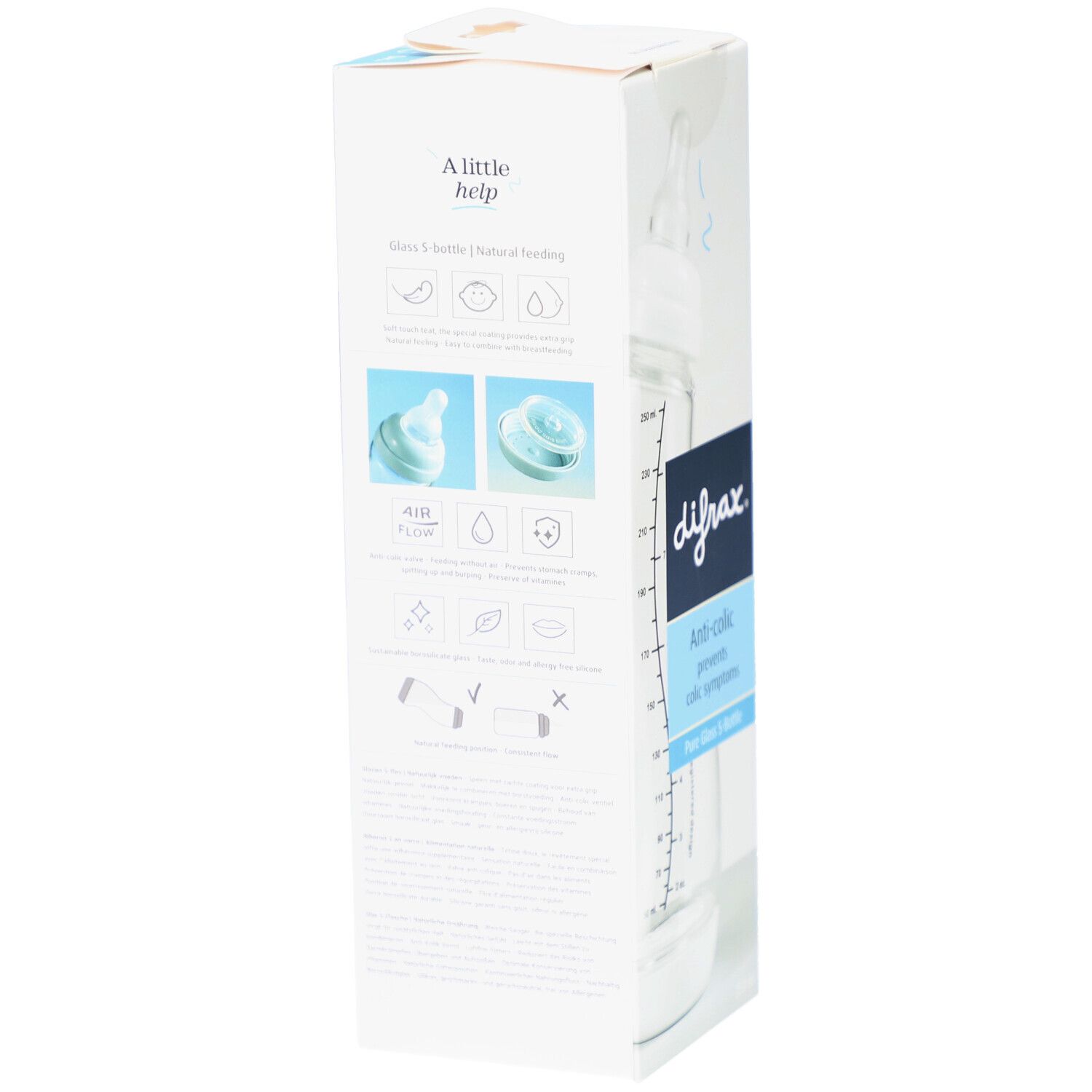 Verpackung mit Babyflasche. Marke: difrax. Text: Anti-colic, Pure Glass S-Bottle. Flasche aus Glas. Illustrationen.