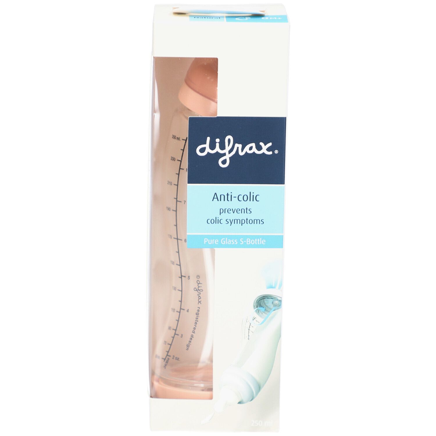 Verpackung mit Babyflasche. Marke: difrax. Text: Anti-colic, Pure Glass S-Bottle. Flasche aus Glas, rosa. Skala.