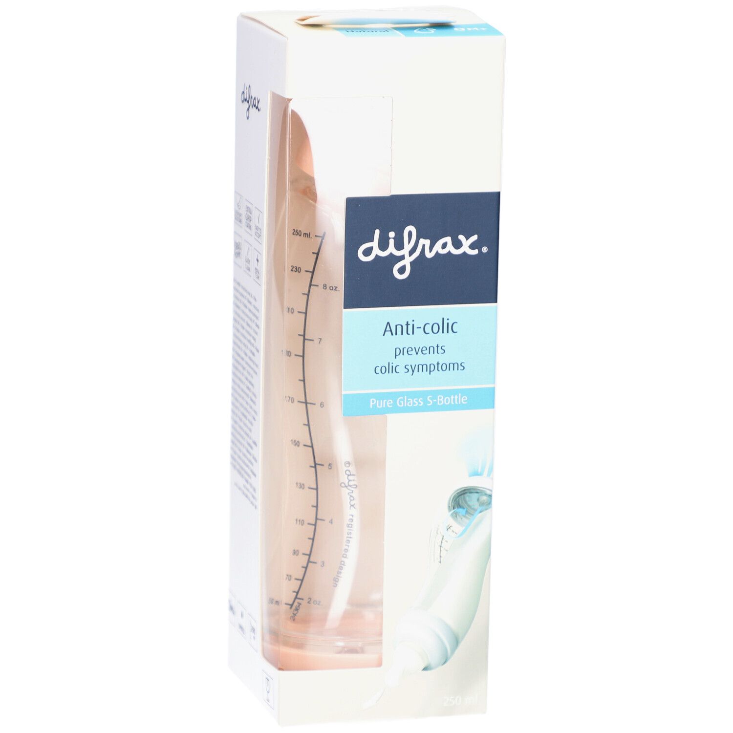 Verpackung mit Babyflasche. Marke: difrax. Text: Anti-colic, Pure Glass S-Bottle. Flasche aus Glas, rosa. Skala.