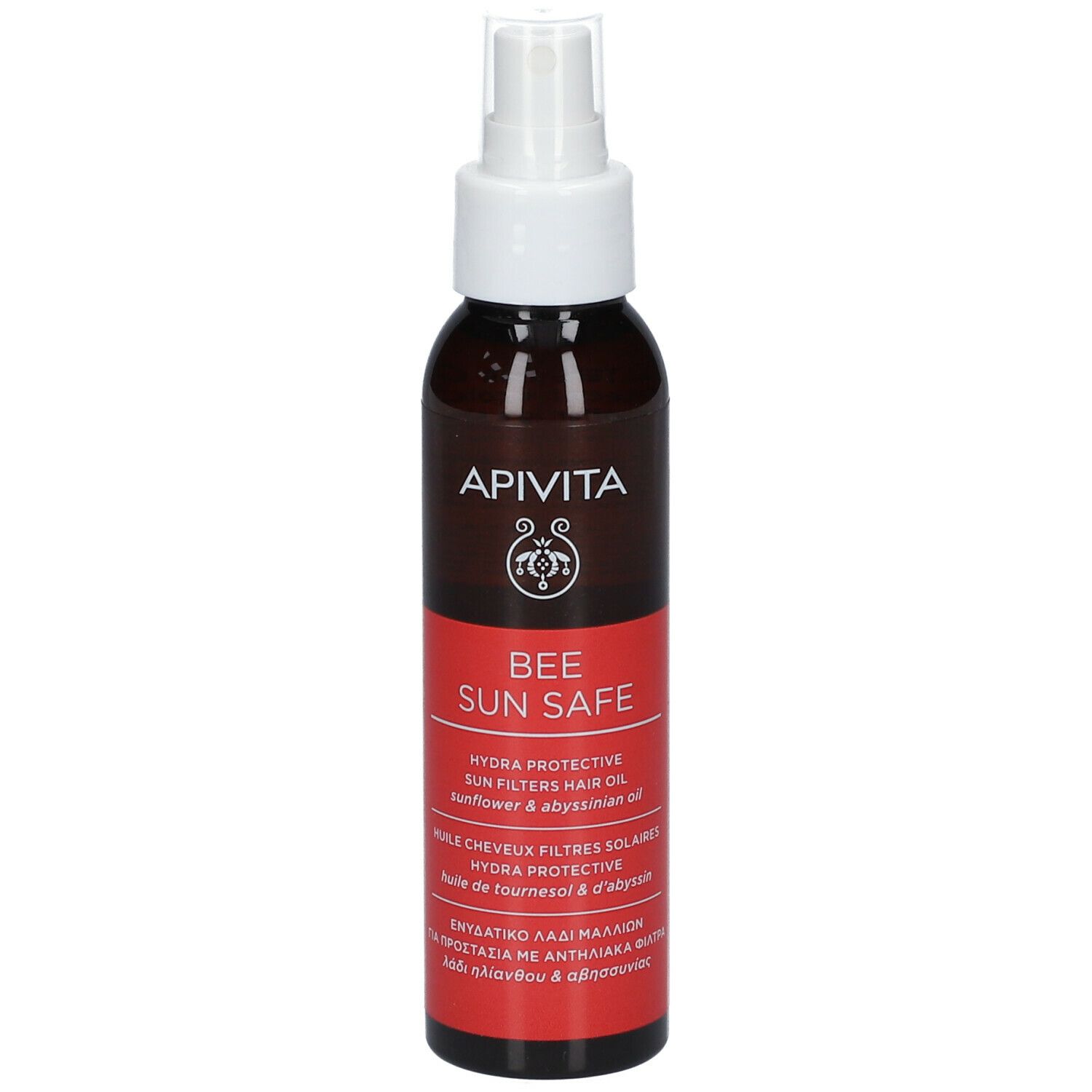Braune Flasche mit Sprühkopf. Roter Aufkleber mit Text. Marke: Apivita. Produkt: Bee Sun Safe Hair Oil.
