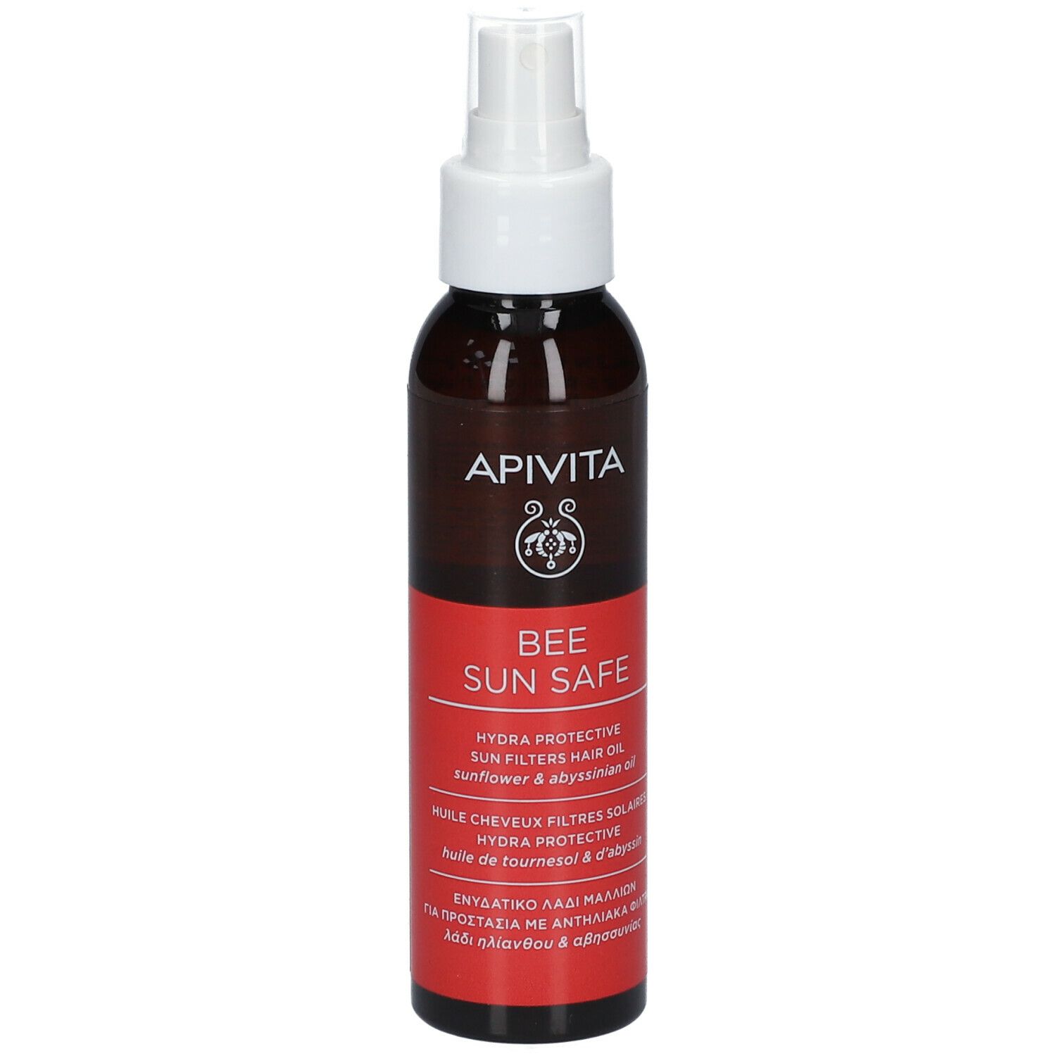 Braune Flasche mit Sprühkopf. Roter Aufkleber mit Text. Marke: Apivita. Produkt: Bee Sun Safe Hair Oil.
