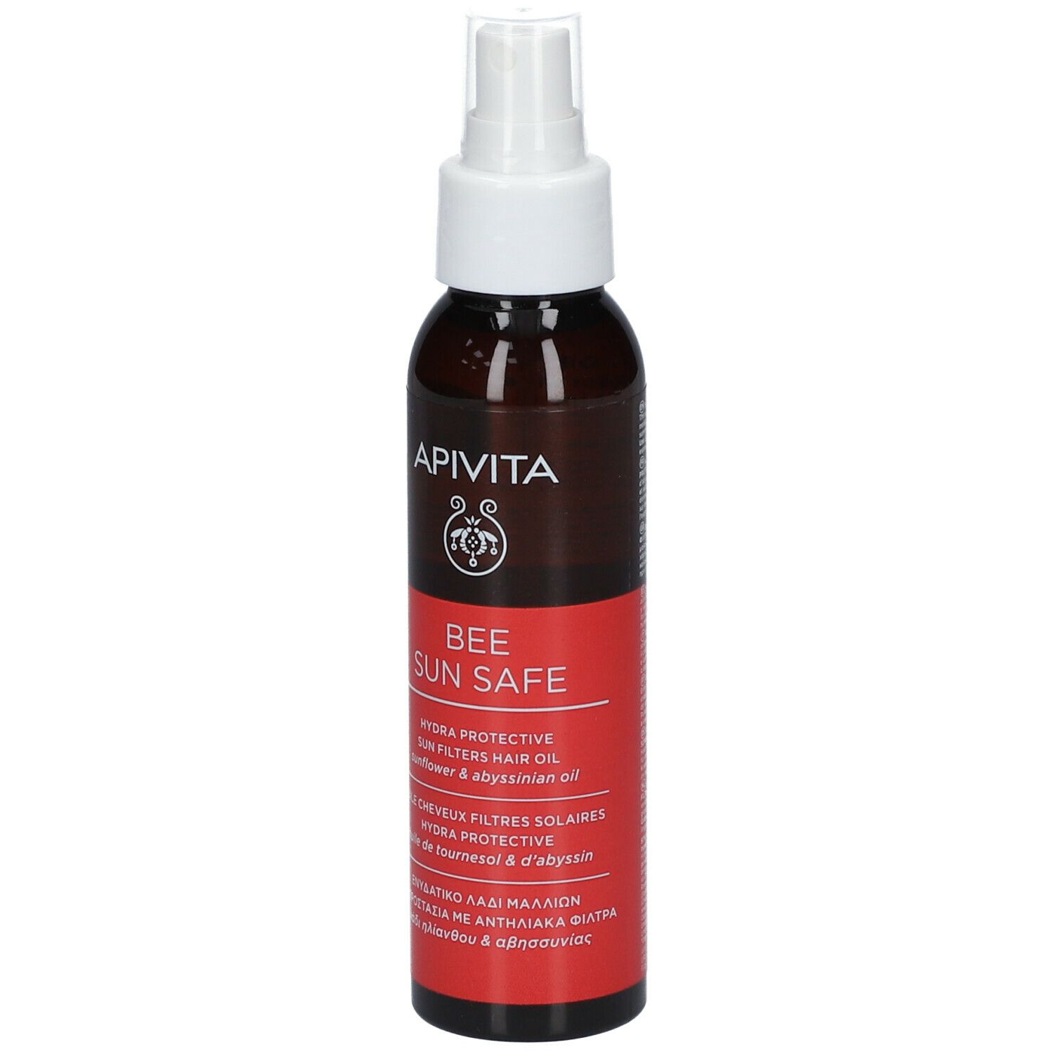 Braune Flasche mit Sprühkopf. Roter Aufkleber mit Text. Marke: Apivita. Produkt: Bee Sun Safe Hair Oil.