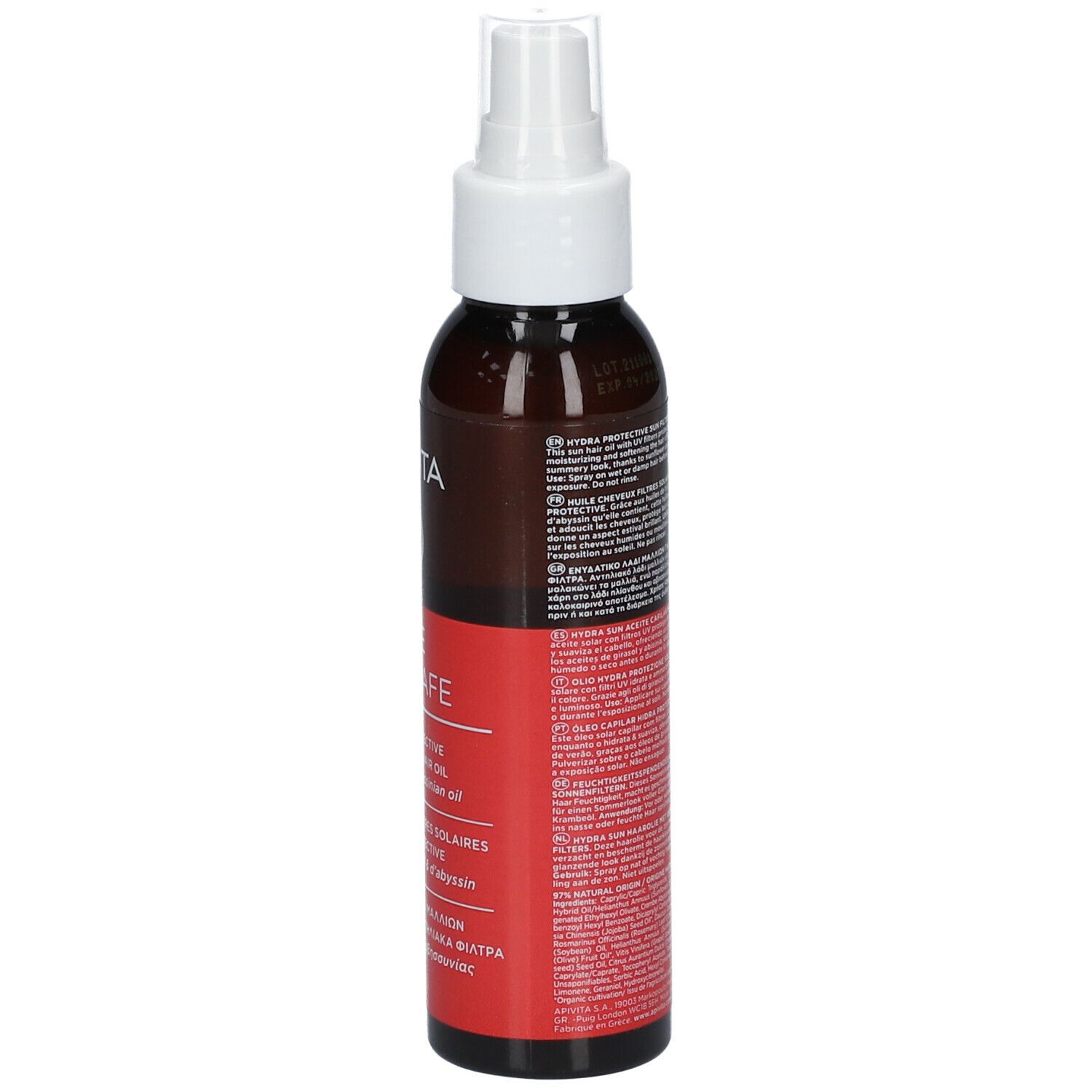 Rückseite der Flasche. Roter Aufkleber mit Text. Marke: Apivita. Text und Symbole.