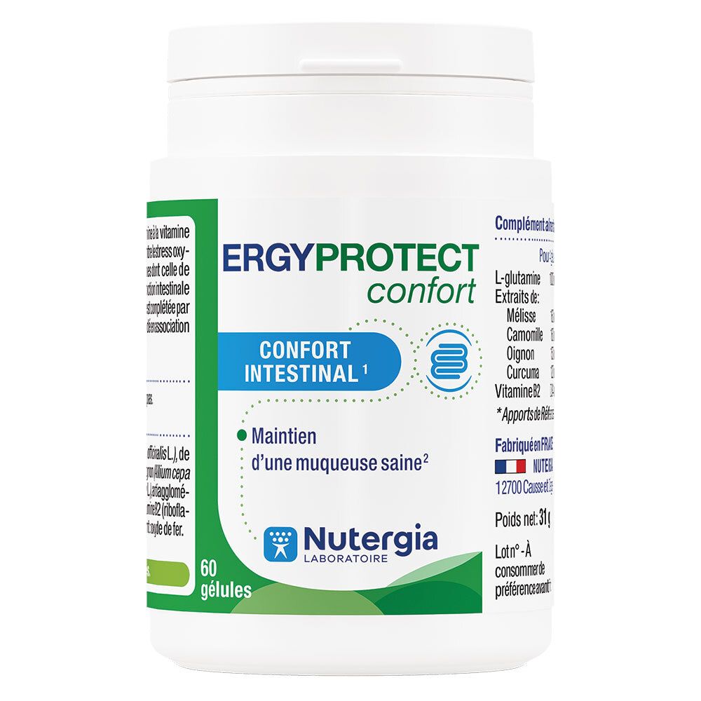 Weiße Flasche mit Kapseln. Aufschrift: ERGYPROTECT confort, Confort intestinal. Marke: Nutergia. 60 Kapseln.