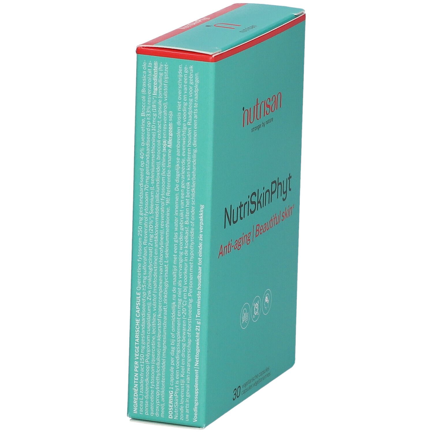 Boîte turquoise à couvercle rouge. Texte multilingue sur le côté. Marque : nutrisan. En bas : 30 gélules végétariennes.