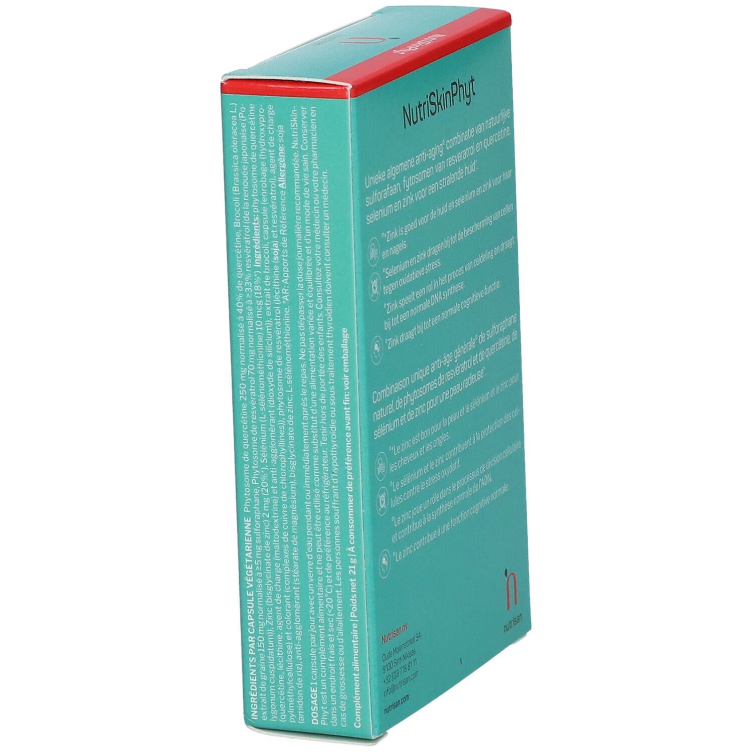 Boîte turquoise à couvercle rouge. Texte multilingue sur le côté. Marque : nutrisan. En bas : 30 gélules végétariennes.