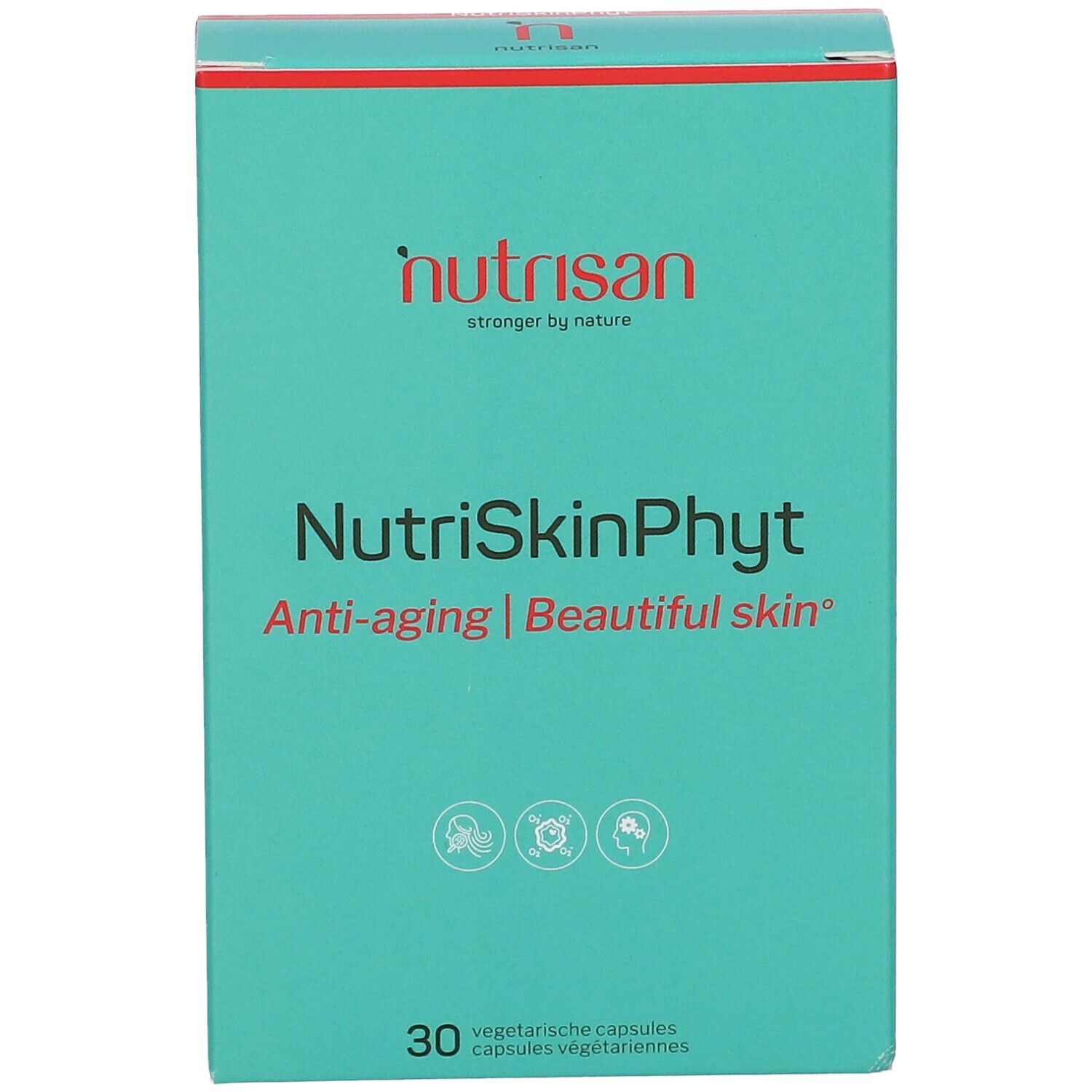 Boîte turquoise à couvercle rouge. Inscription : NutriSkinPhyt, Anti-aging | Beautiful skin. 30 gélules végétariennes. Marque : nutrisan.