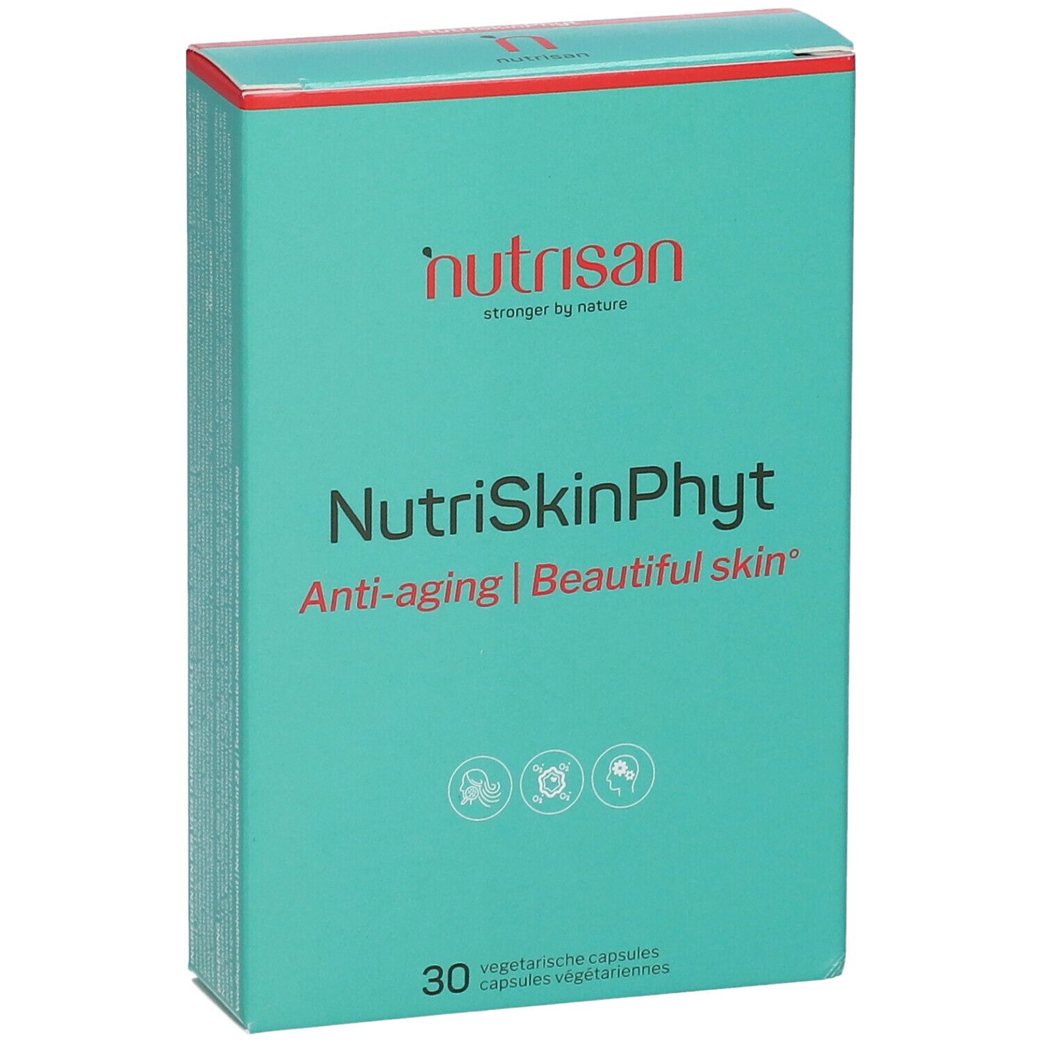 Boîte turquoise à couvercle rouge. Inscription : NutriSkinPhyt, Anti-aging | Beautiful skin. 30 gélules végétariennes. Marque : nutrisan.