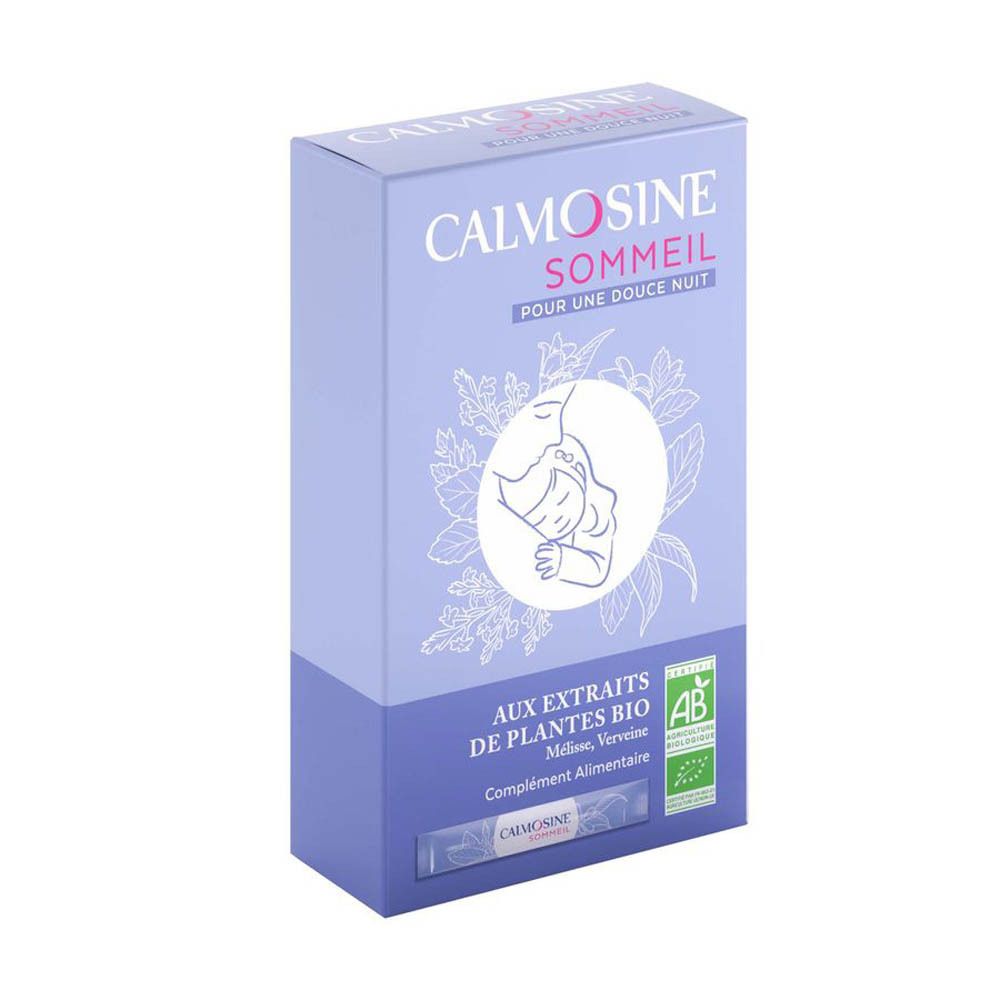 Boîte CALMOSINE SOMMEIL. Logo, texte, certification bio, illustration, 1 sachet visible.