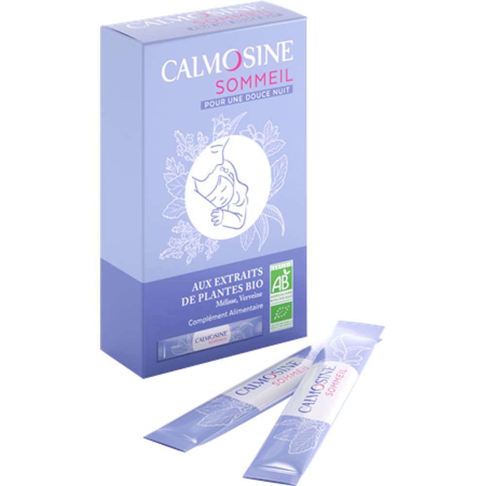 Boîte CALMOSINE SOMMEIL. Logo, texte, certification bio, illustration, 2 sachets à côté.