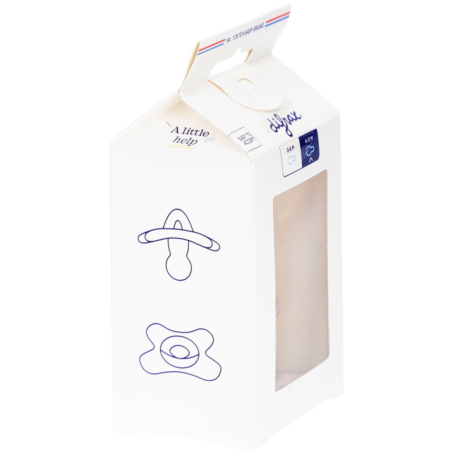 Weiße Verpackung mit Logo und Illustrationen. Marke: Difrax. Text: A little help. Mit Sichtfenster.