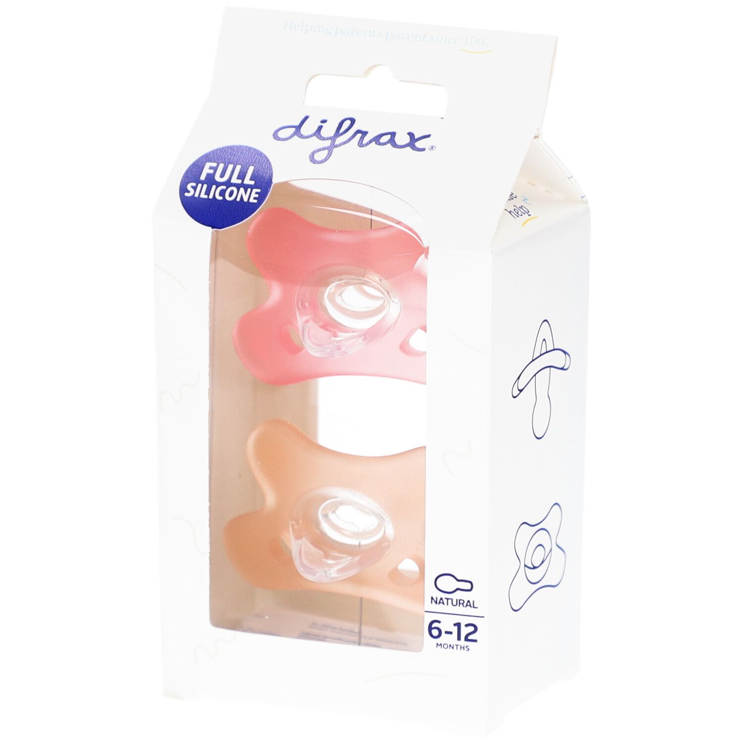 Verpackung mit zwei Schnullern. Sichtbar: Silikon, transparent. Marke: Difrax. Text: 6-12 Monate.