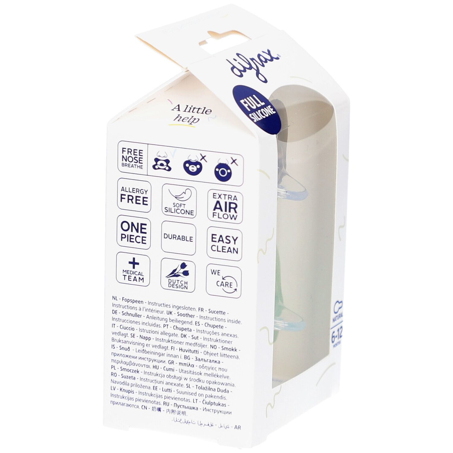 Verpackung mit zwei Schnullern. Auf der Verpackung sind Icons und Text zu sehen. Der Text beinhaltet Informationen über die Eigenschaften des Produkts.