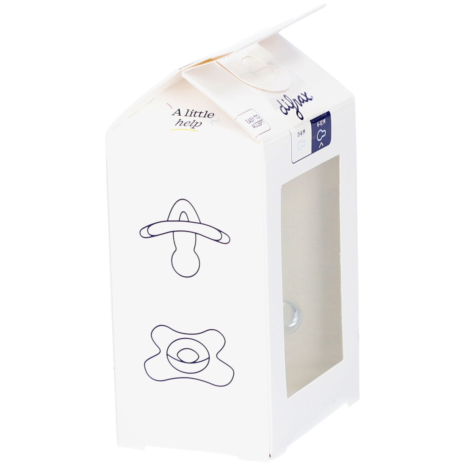 Verpackung mit zwei Schnullern. Auf der Verpackung sind Illustrationen von Schnullern zu sehen. Die Verpackung ist weiß.