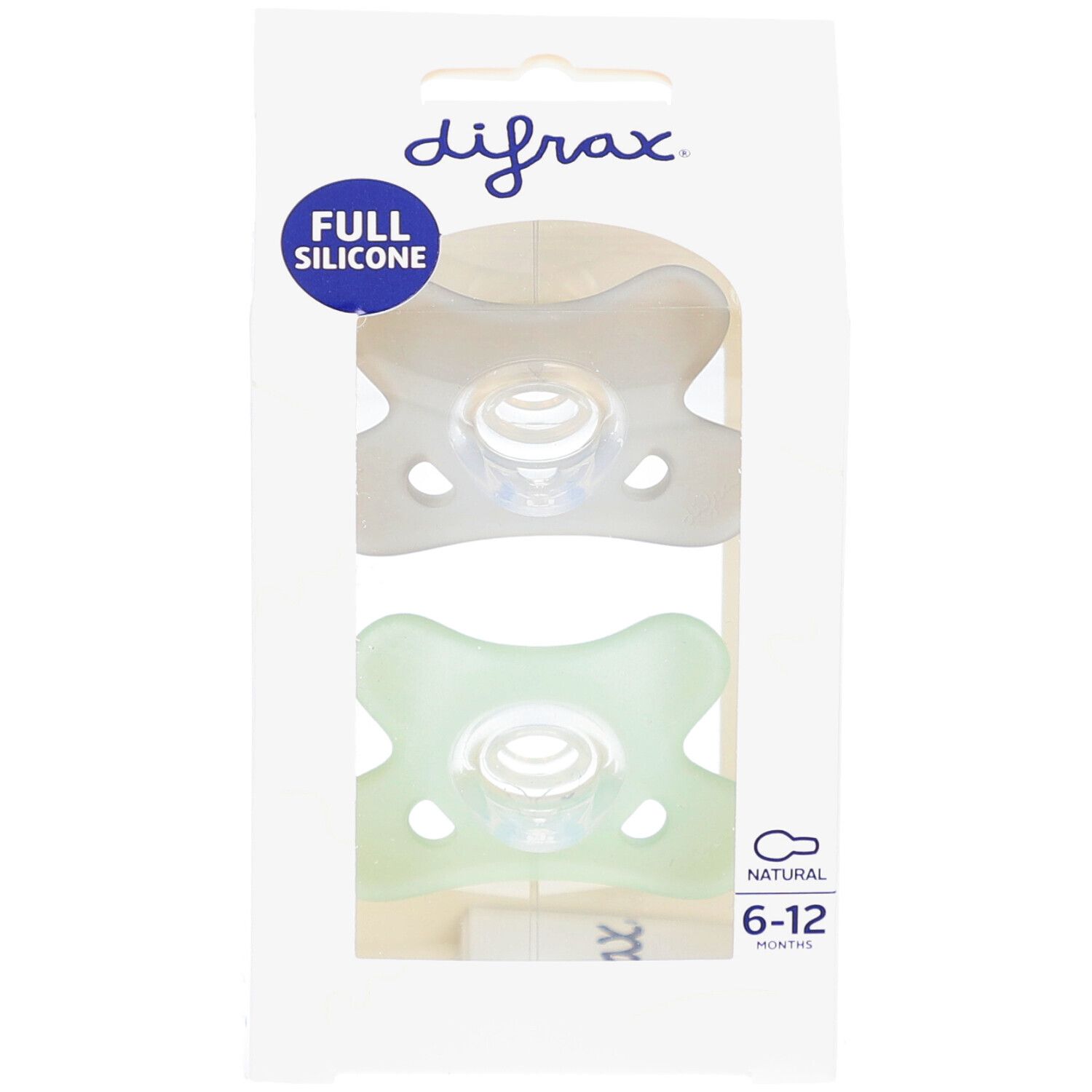 Verpackung mit zwei Schnullern. Zwei Schnuller sind sichtbar. Auf der Verpackung steht "FULL SILICONE" und "6-12 MONTHS".