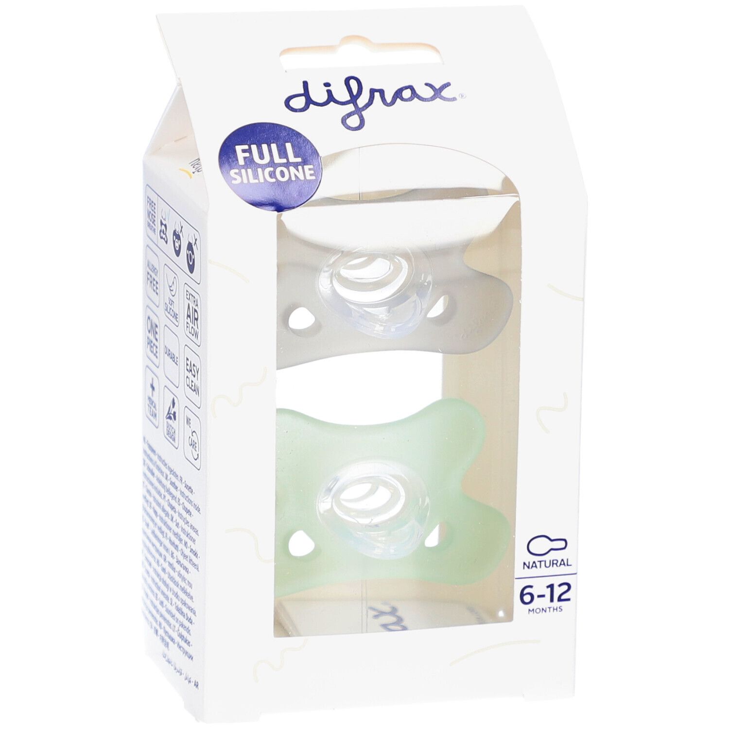 Verpackung mit zwei Schnullern. Zwei Schnuller sind sichtbar. Auf der Verpackung steht "FULL SILICONE" und "6-12 MONTHS".
